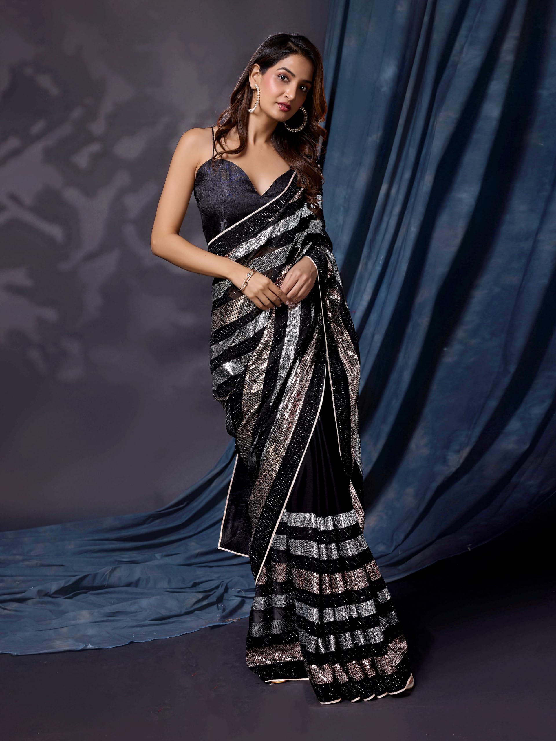 TRENDMALLS Silk Heavy Sequence Work Saree With Unstitch Blouse Piece For Women - Image 7