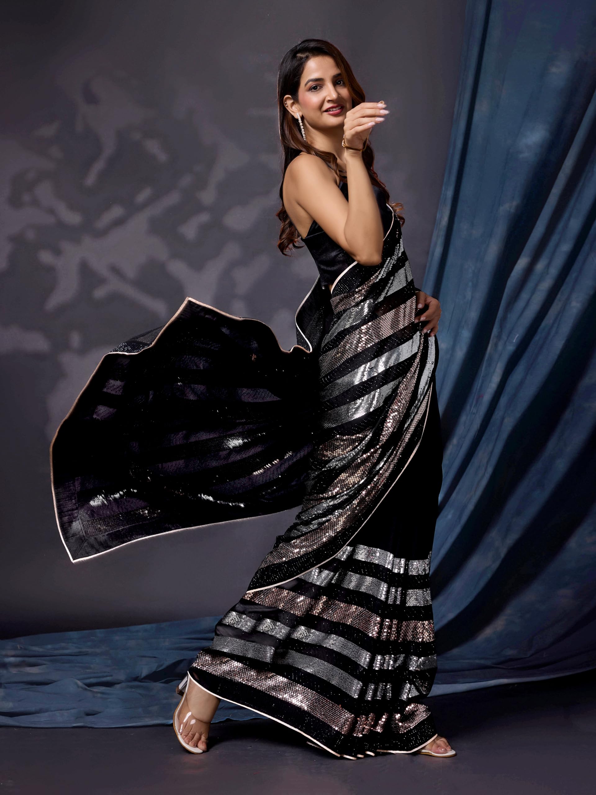 TRENDMALLS Silk Heavy Sequence Work Saree With Unstitch Blouse Piece For Women - Image 8