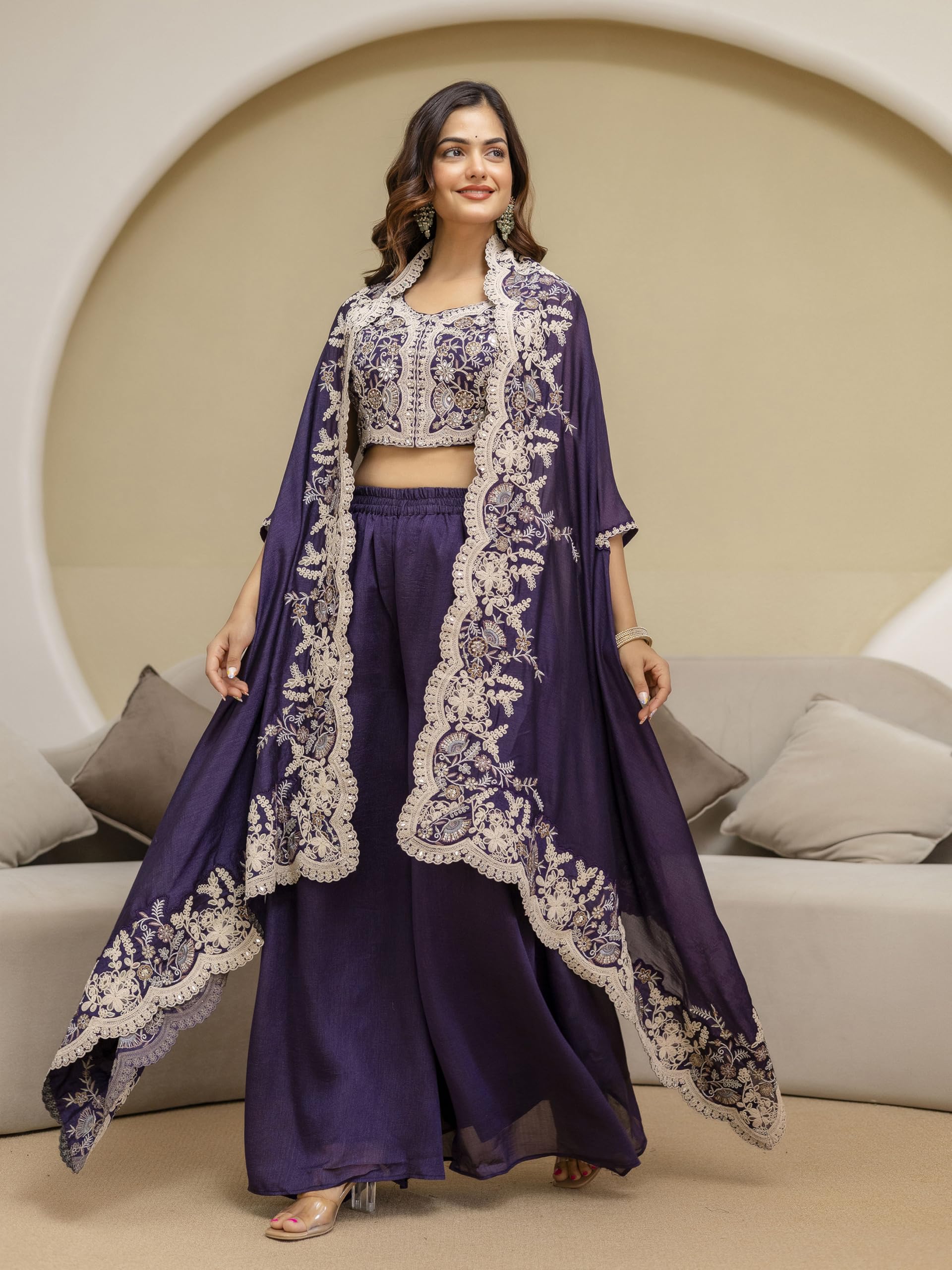 TRENDMALLS Women's Art Silk Embroidery Mirror Work Crop Top with Flared Palazzo and Shrug Set Ethnic Salwar Set - Image 3