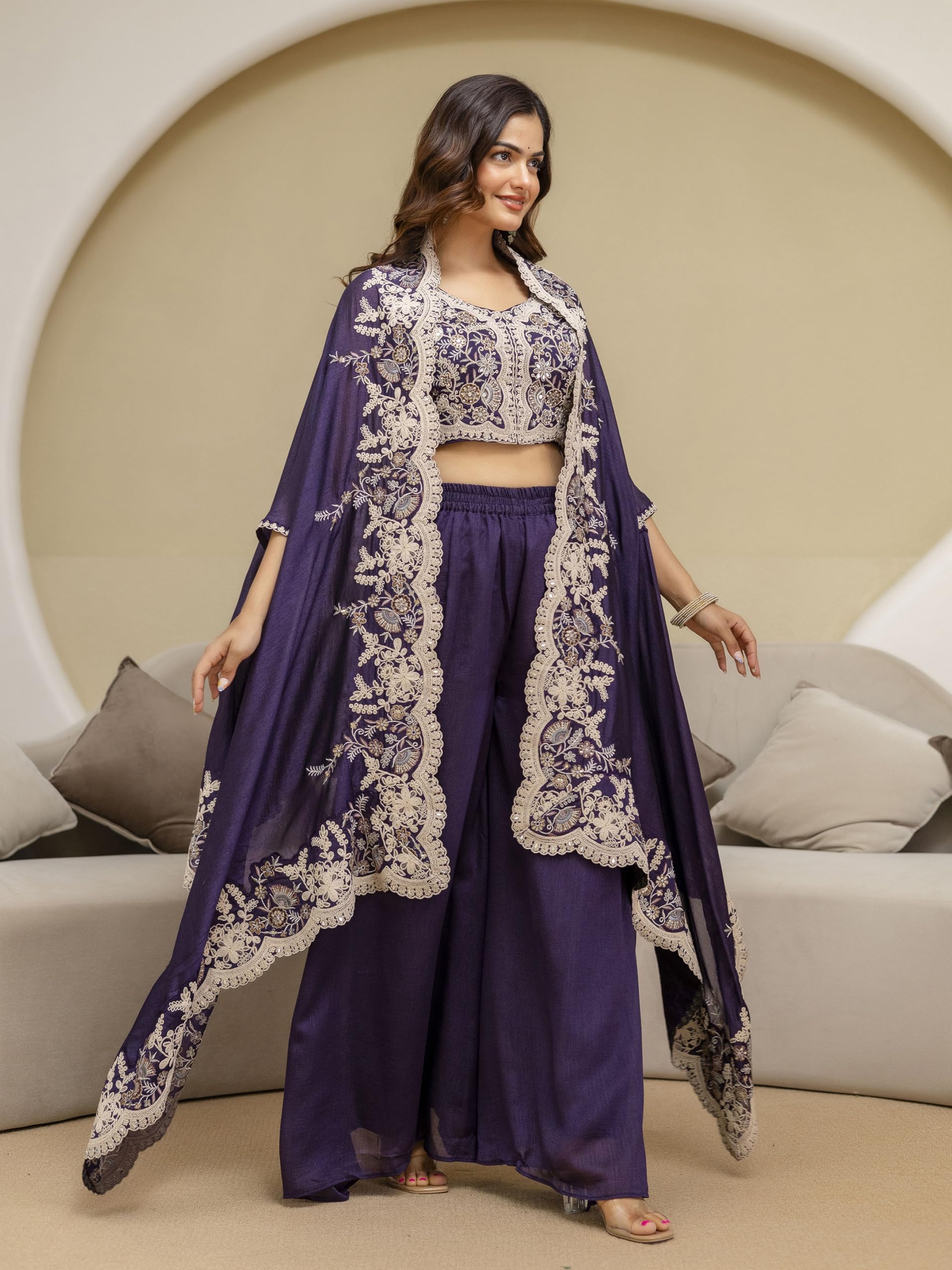 TRENDMALLS Women's Art Silk Embroidery Mirror Work Crop Top with Flared Palazzo and Shrug Set Ethnic Salwar Set - Image 4