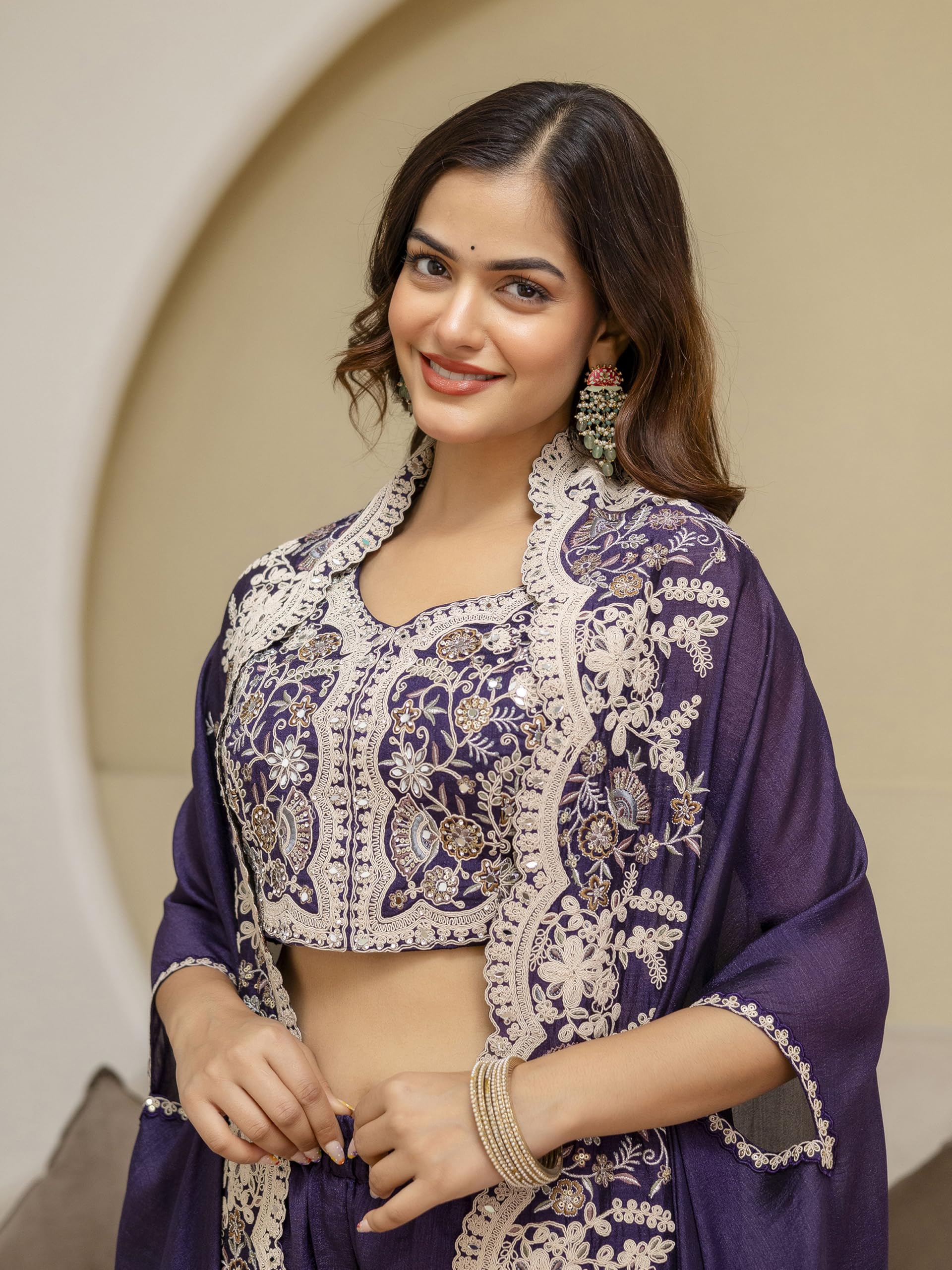 TRENDMALLS Women's Art Silk Embroidery Mirror Work Crop Top with Flared Palazzo and Shrug Set Ethnic Salwar Set - Image 5