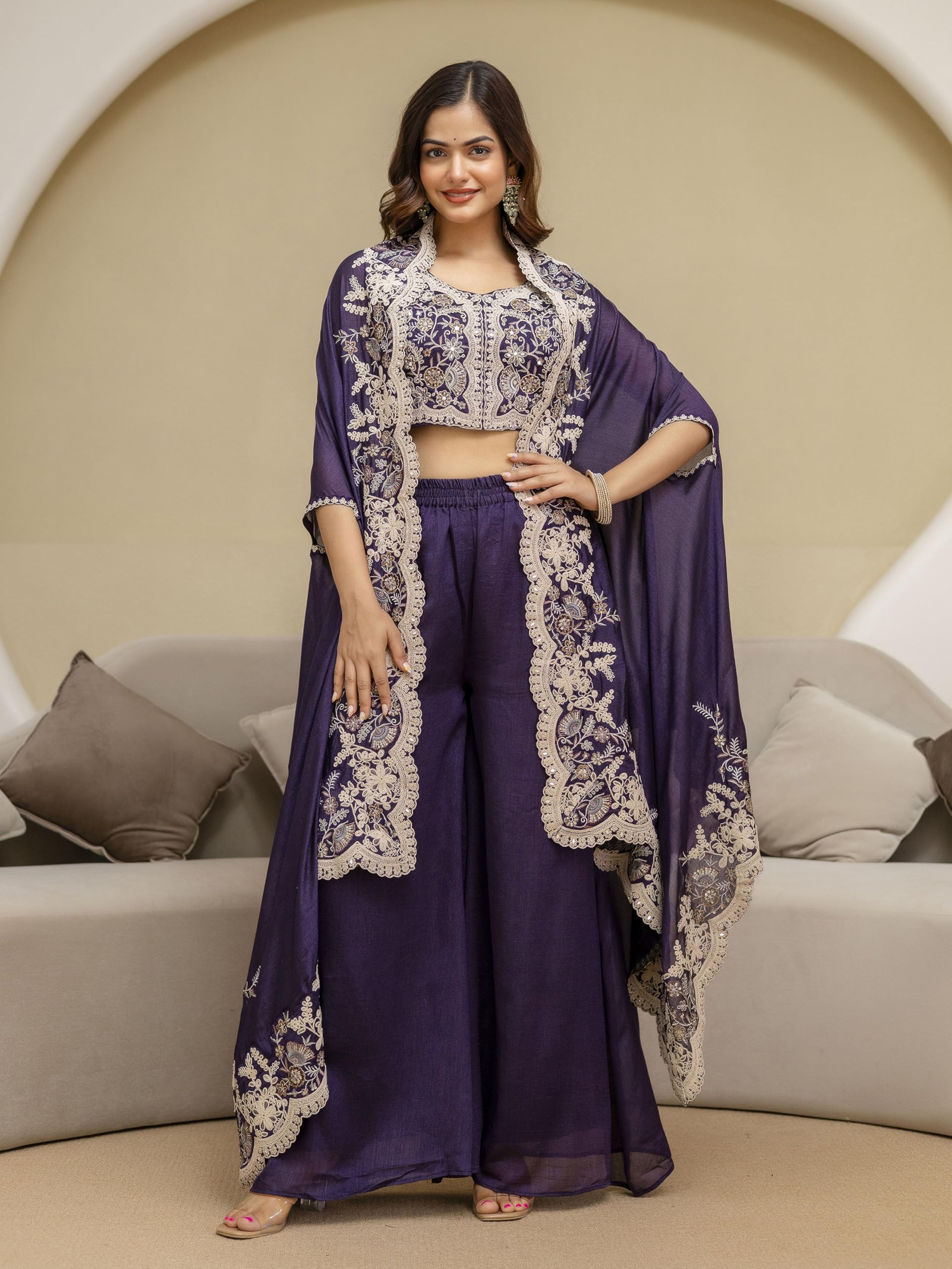 TRENDMALLS Women's Art Silk Embroidery Mirror Work Crop Top with Flared Palazzo and Shrug Set Ethnic Salwar Set - Image 7