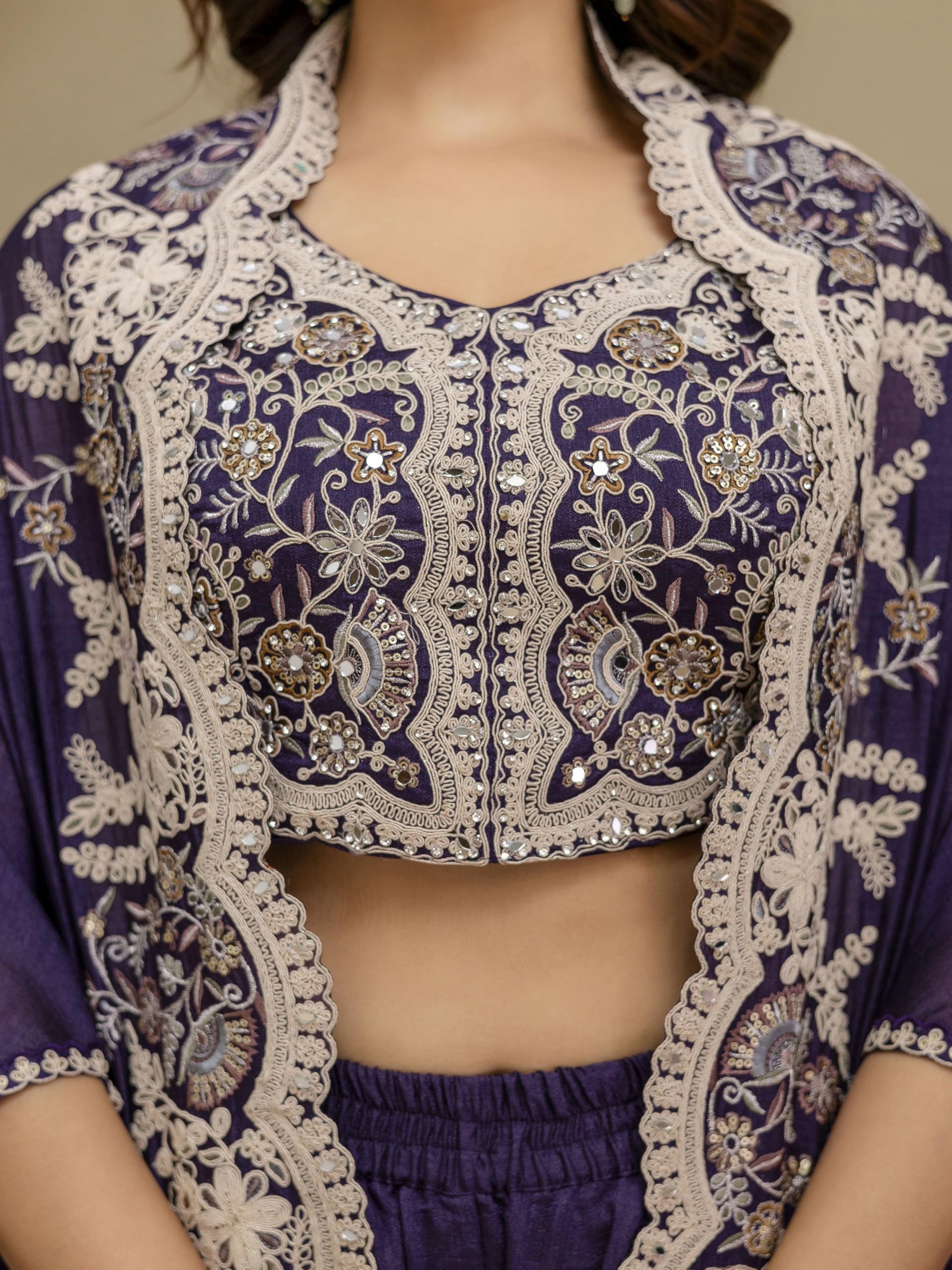 TRENDMALLS Women's Art Silk Embroidery Mirror Work Crop Top with Flared Palazzo and Shrug Set Ethnic Salwar Set - Image 8