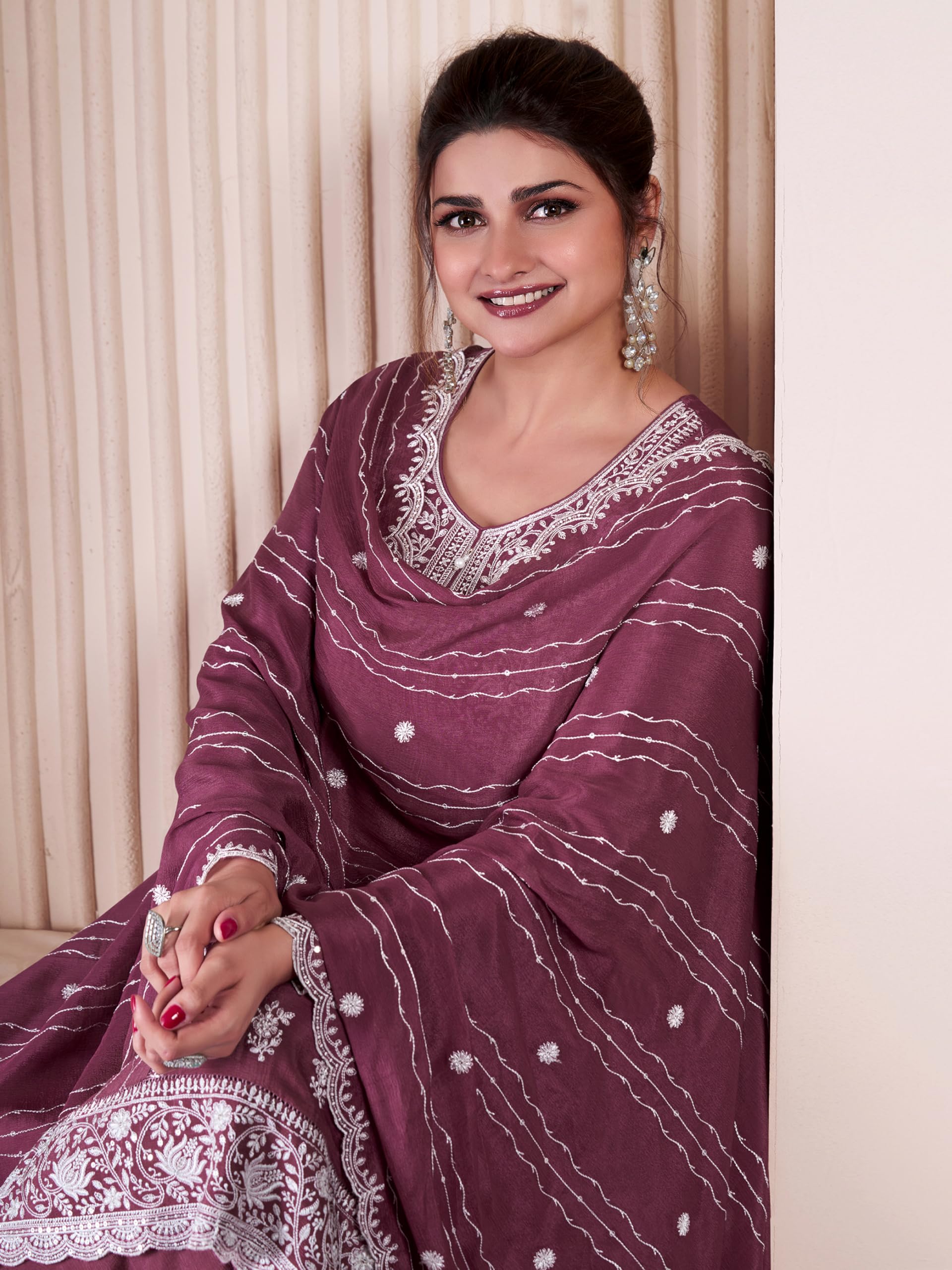 TRENDMALLS Women's Art Silk Embroidery Sequence Work Kurta Palazzo Set with Dupatta Salwar Suit Set For Women - Image 3