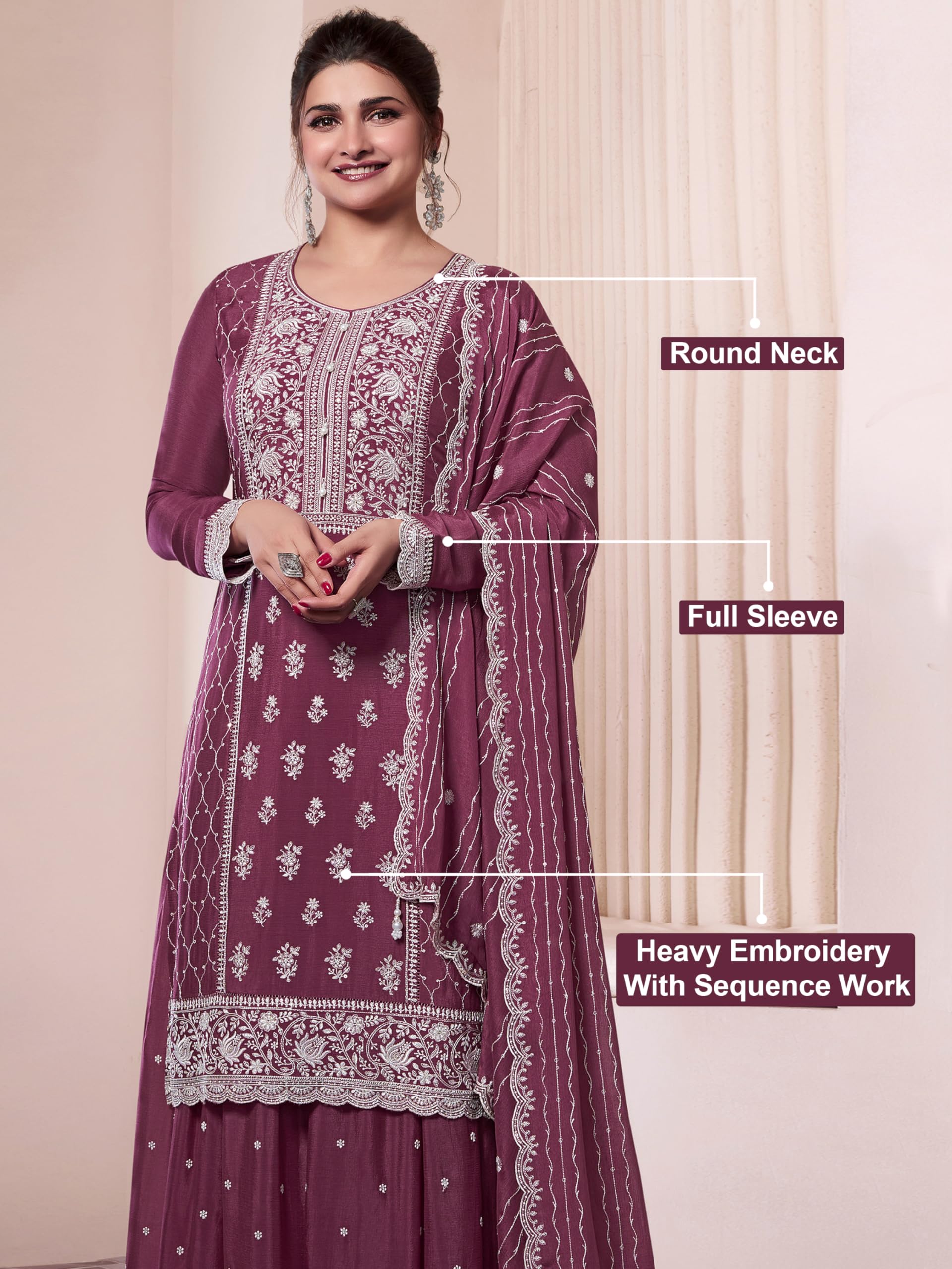 TRENDMALLS Women's Art Silk Embroidery Sequence Work Kurta Palazzo Set with Dupatta Salwar Suit Set For Women - Image 4