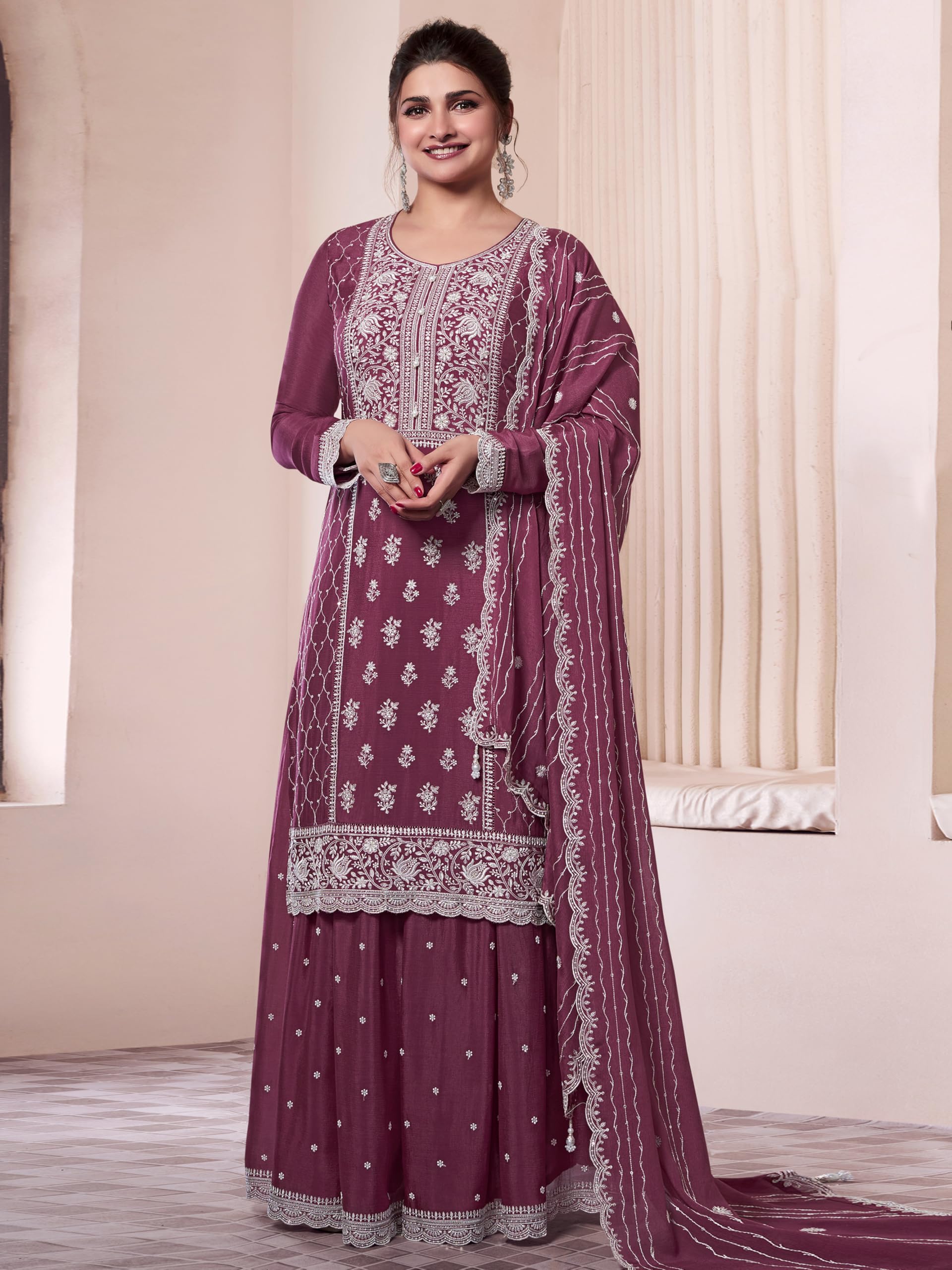 TRENDMALLS Women's Art Silk Embroidery Sequence Work Kurta Palazzo Set with Dupatta Salwar Suit Set For Women - Image 6