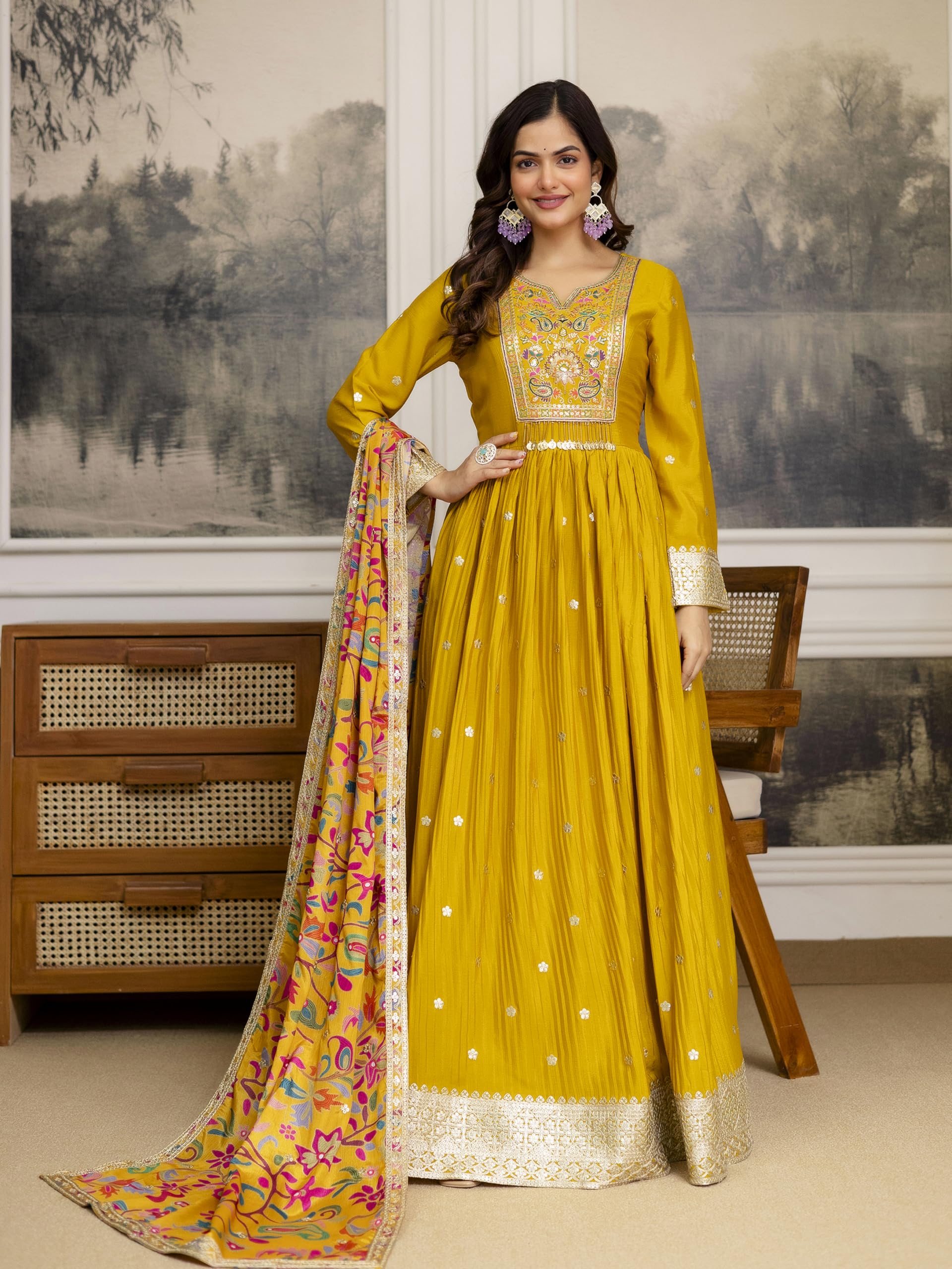 TRENDMALLS Women's Art Silk Embroidery Sequence Work Salwar Suit Set Anarkali Kurta Pant with Dupatta For Women - Image 3