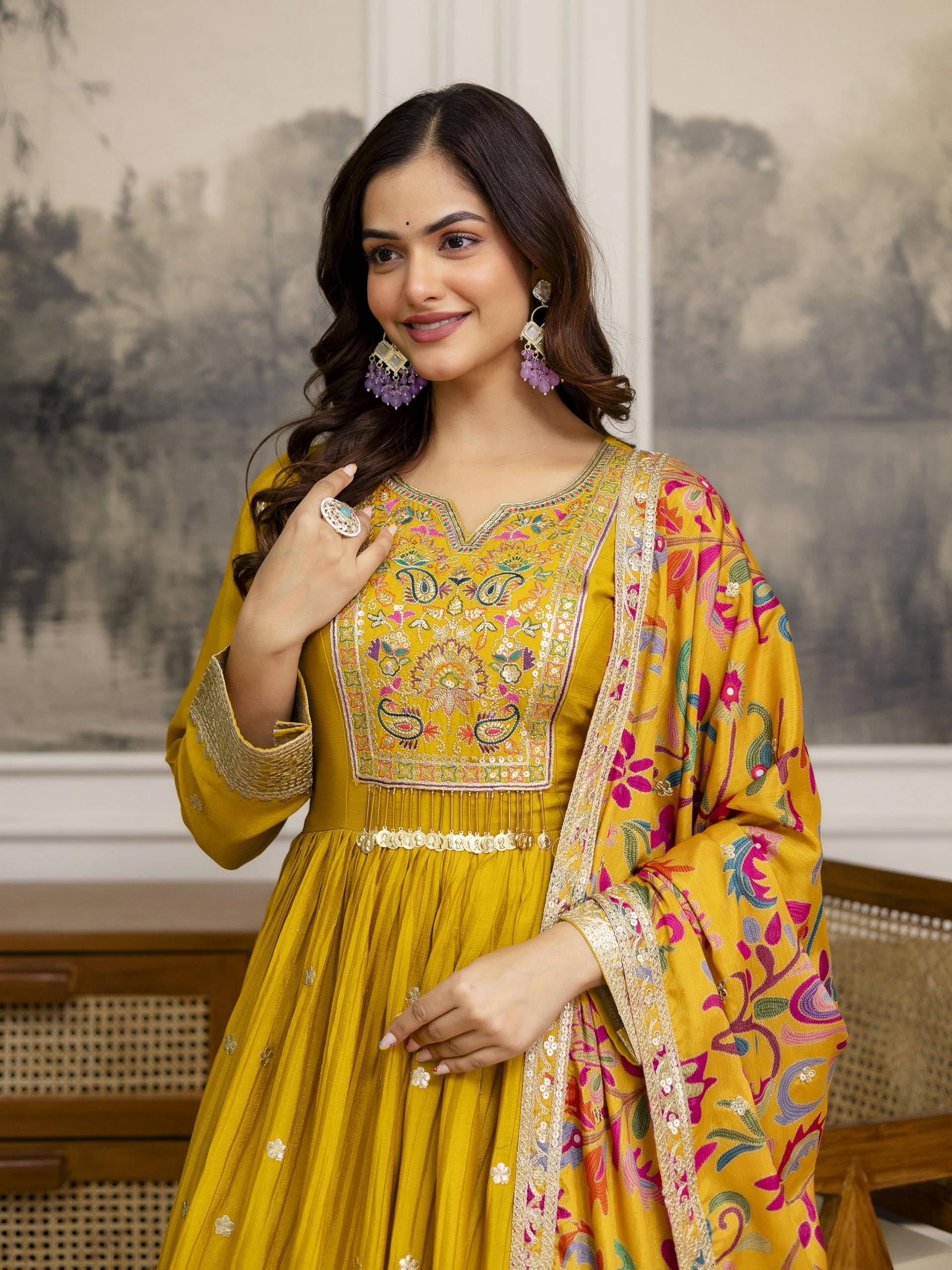 TRENDMALLS Women's Art Silk Embroidery Sequence Work Salwar Suit Set Anarkali Kurta Pant with Dupatta For Women - Image 6