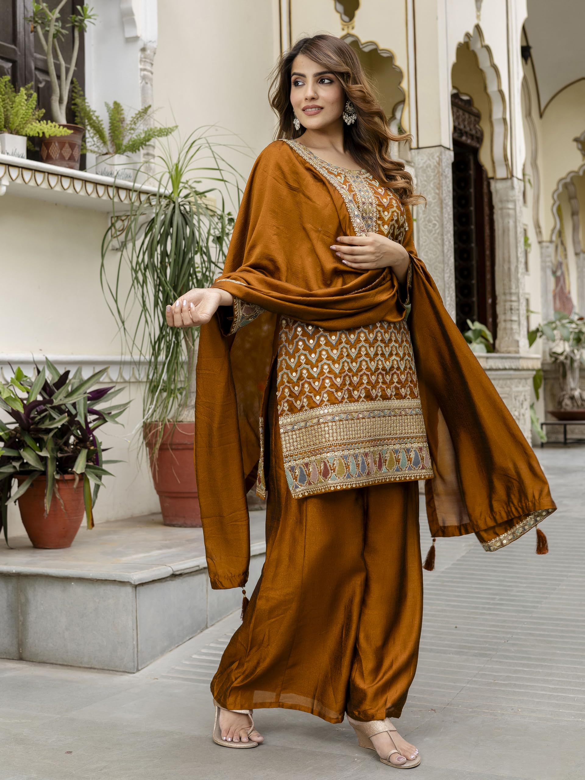 TRENDMALLS Women's Art Silk Sequins Embroidery Salwar Suit Set Kurta Palazzo with Dupatta For Women - Image 3