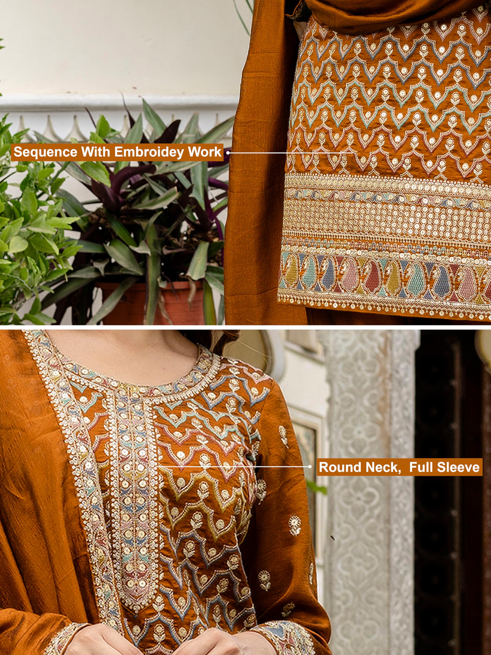 TRENDMALLS Women's Art Silk Sequins Embroidery Salwar Suit Set Kurta Palazzo with Dupatta For Women - Image 4