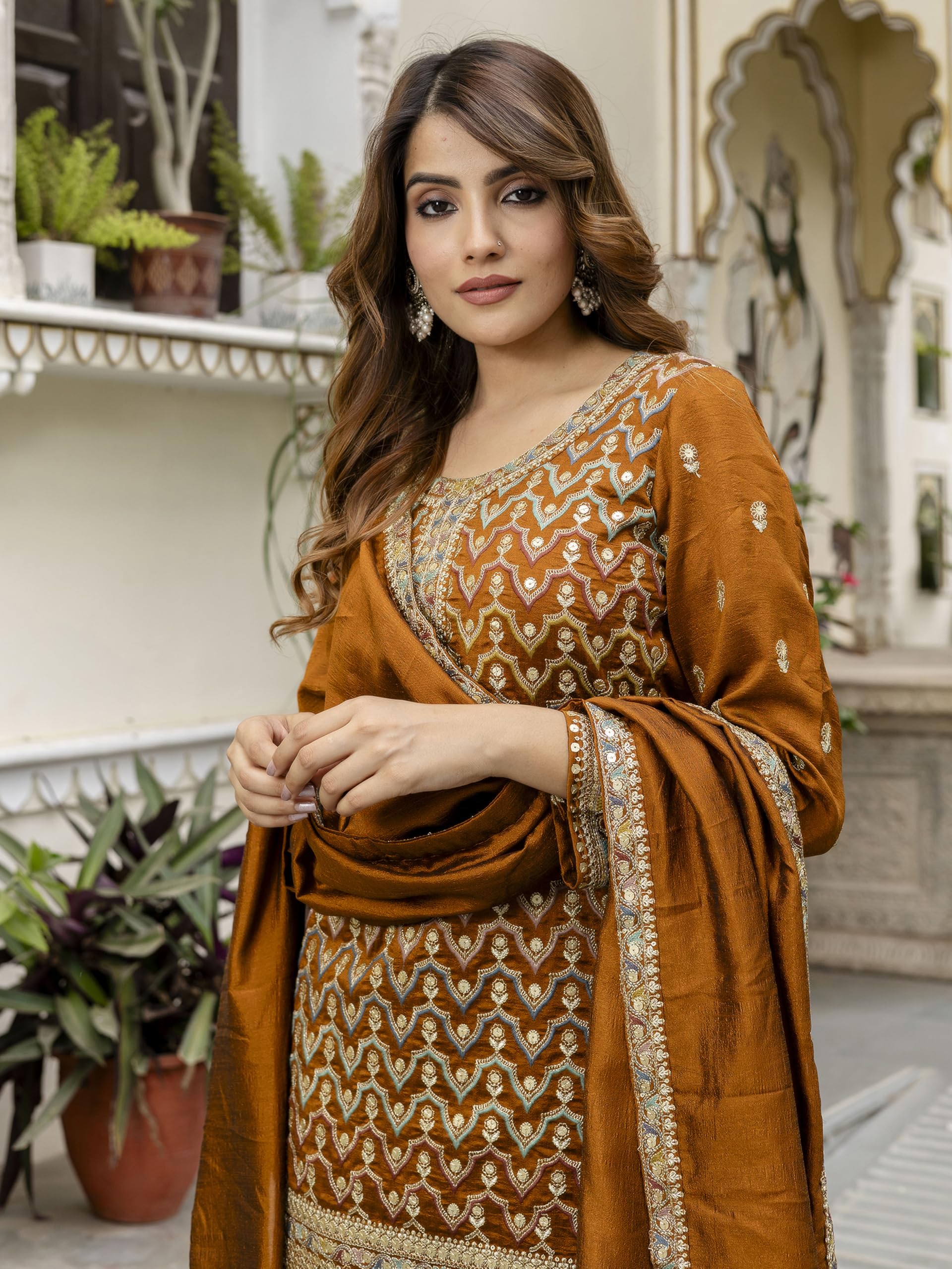 TRENDMALLS Women's Art Silk Sequins Embroidery Salwar Suit Set Kurta Palazzo with Dupatta For Women - Image 6