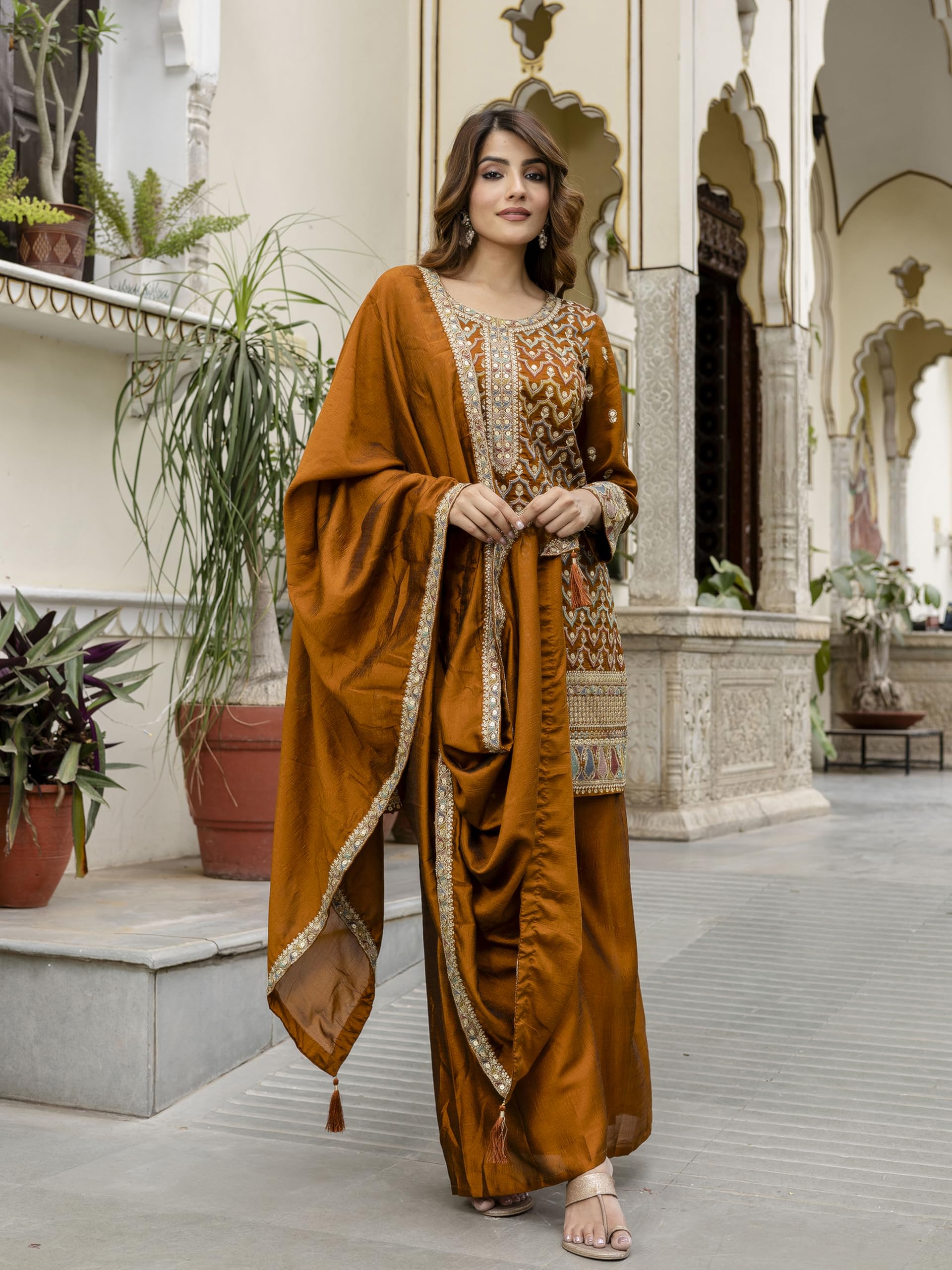 TRENDMALLS Women's Art Silk Sequins Embroidery Salwar Suit Set Kurta Palazzo with Dupatta For Women - Image 7