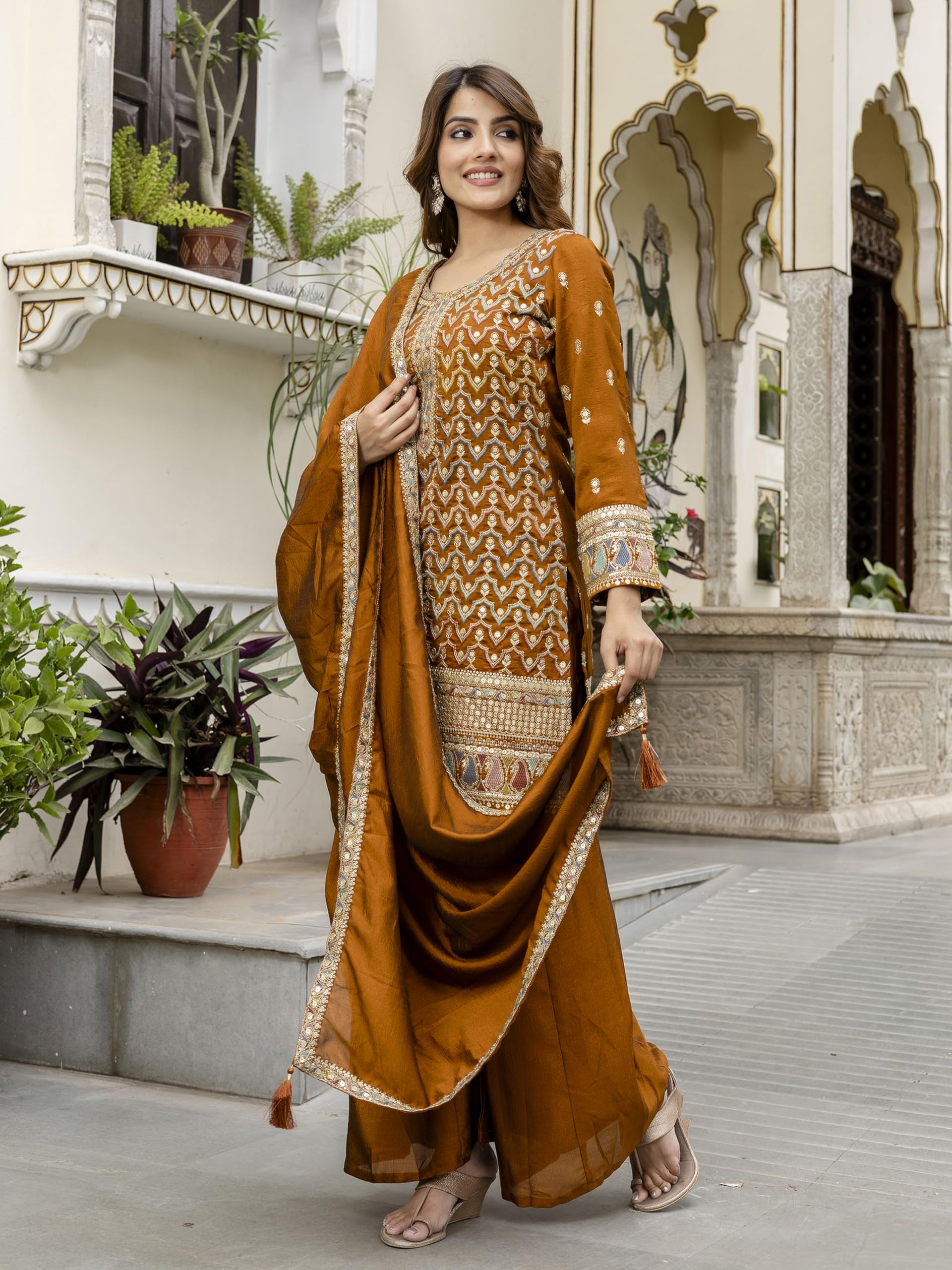 TRENDMALLS Women's Art Silk Sequins Embroidery Salwar Suit Set Kurta Palazzo with Dupatta For Women - Image 8