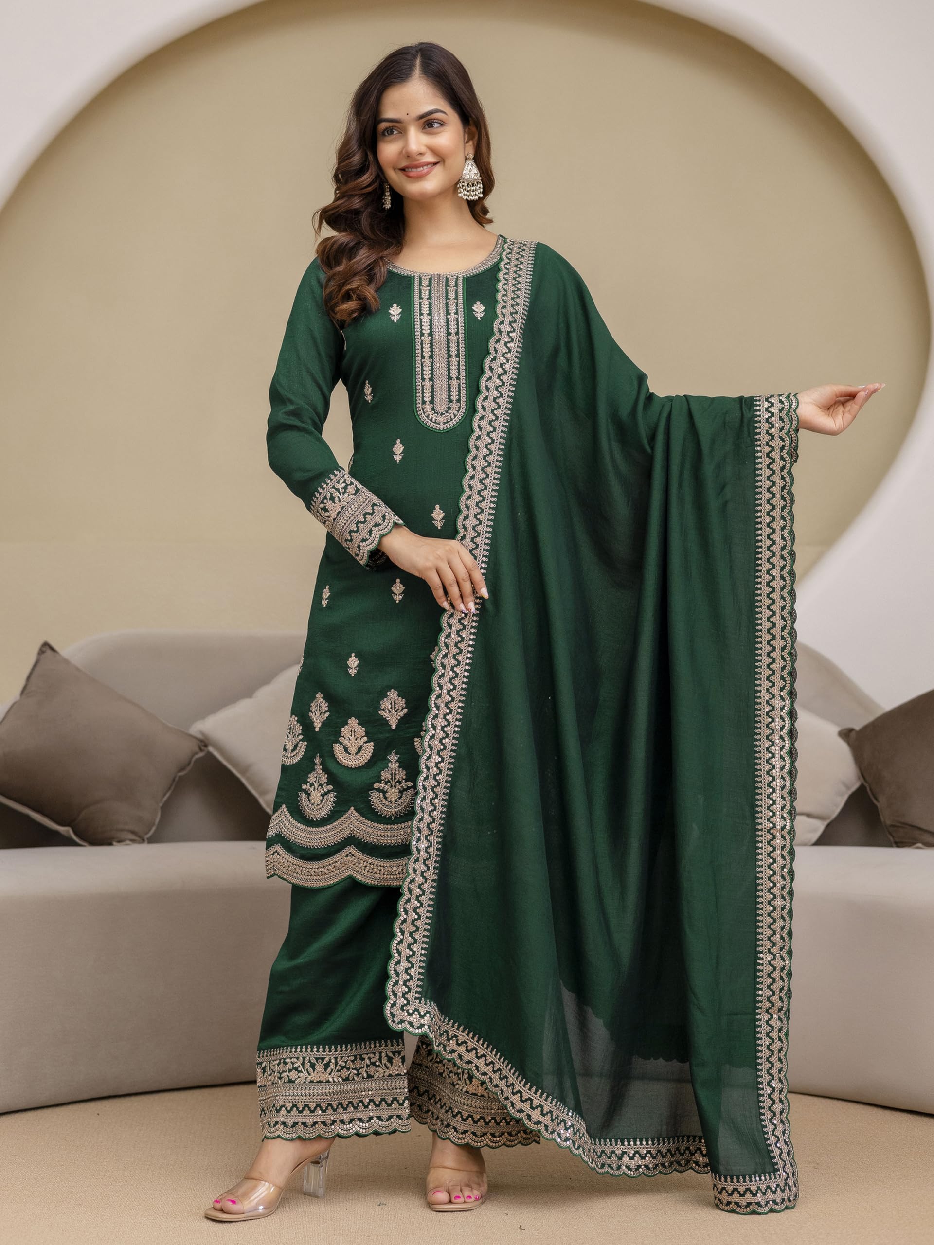 TRENDMALLS Women's Art Silk Sequins Embroidery Work Kurta Palazzo Set with Dupatta for Women - Image 3