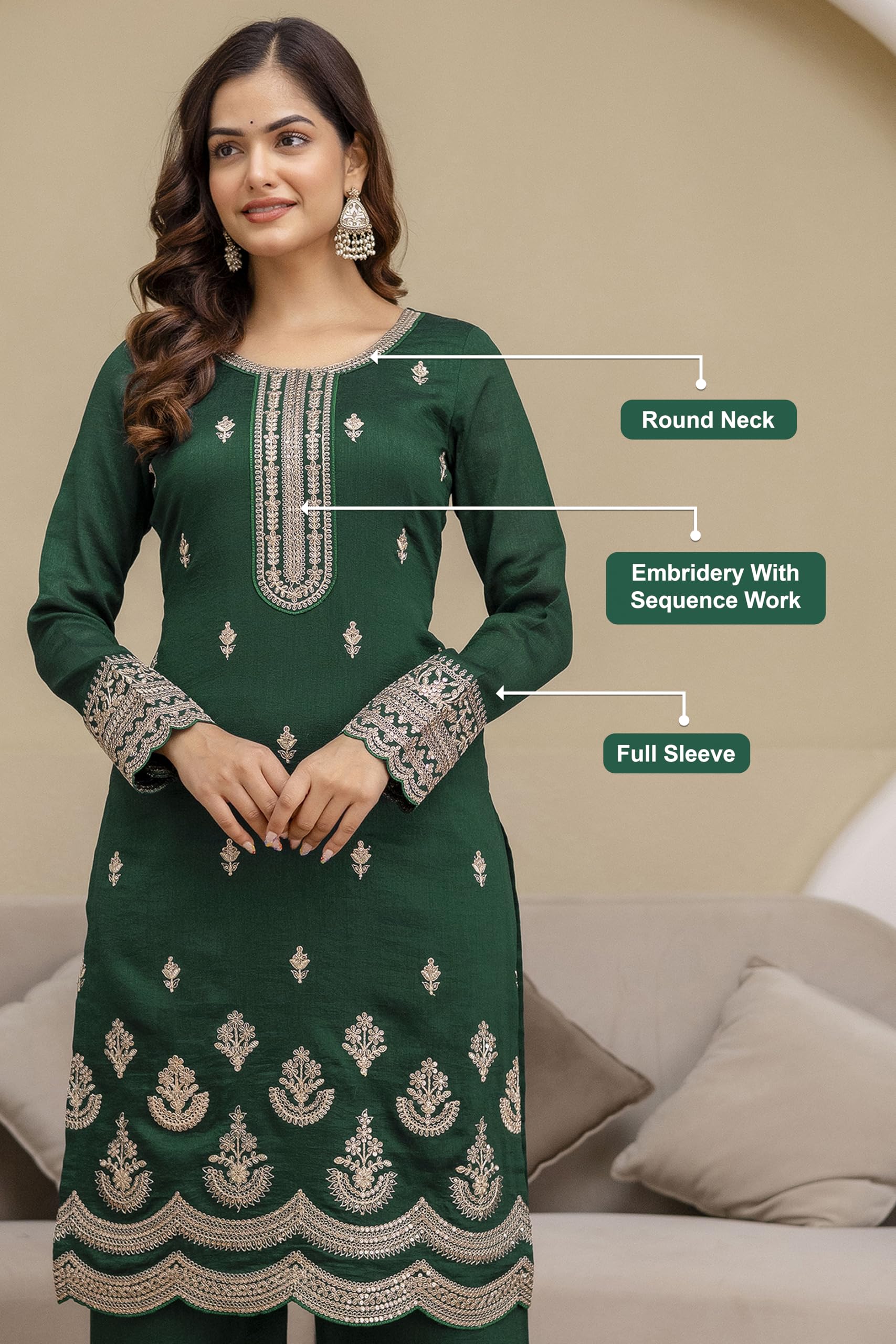 TRENDMALLS Women's Art Silk Sequins Embroidery Work Kurta Palazzo Set with Dupatta for Women - Image 4