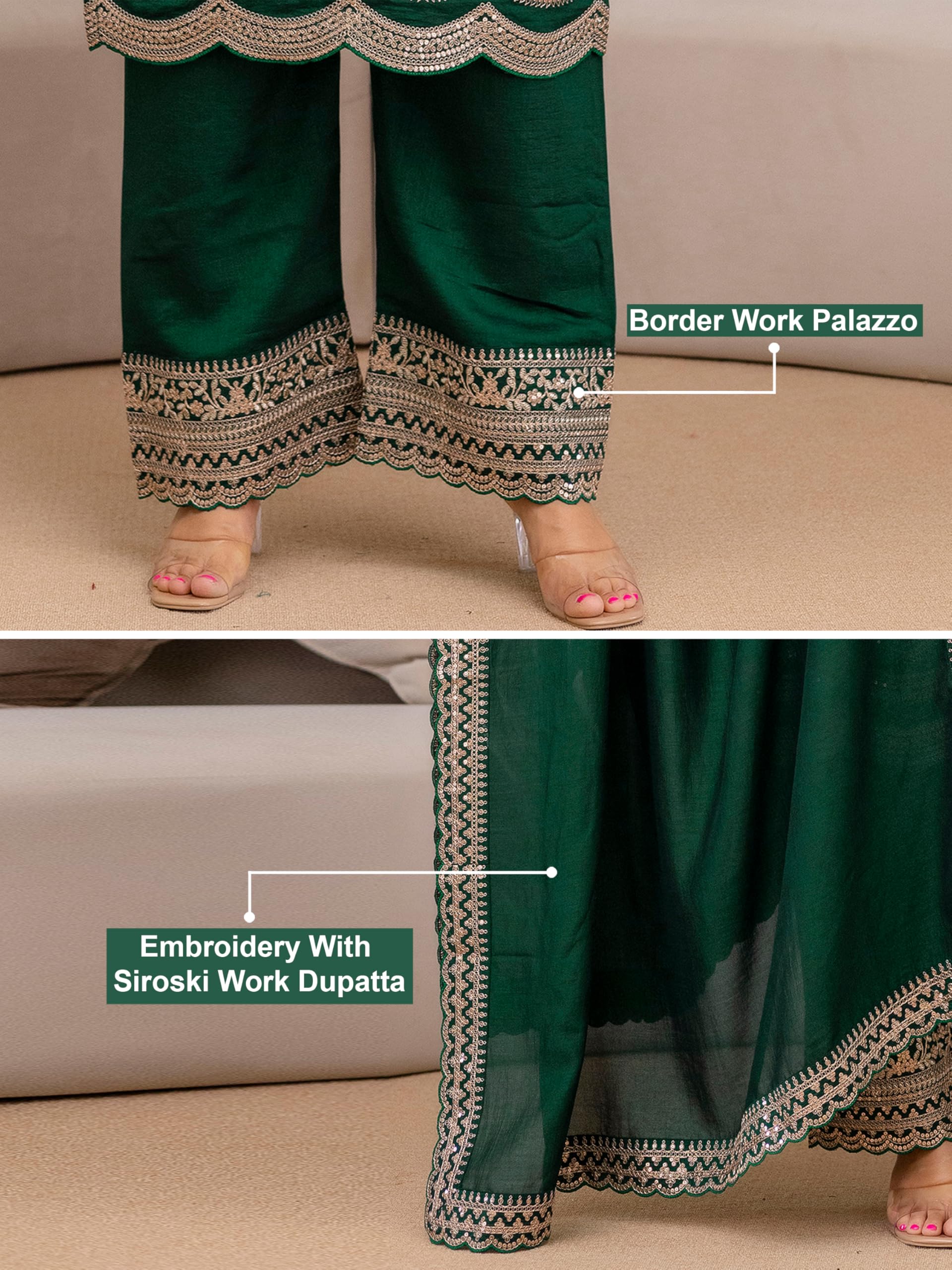 TRENDMALLS Women's Art Silk Sequins Embroidery Work Kurta Palazzo Set with Dupatta for Women - Image 5