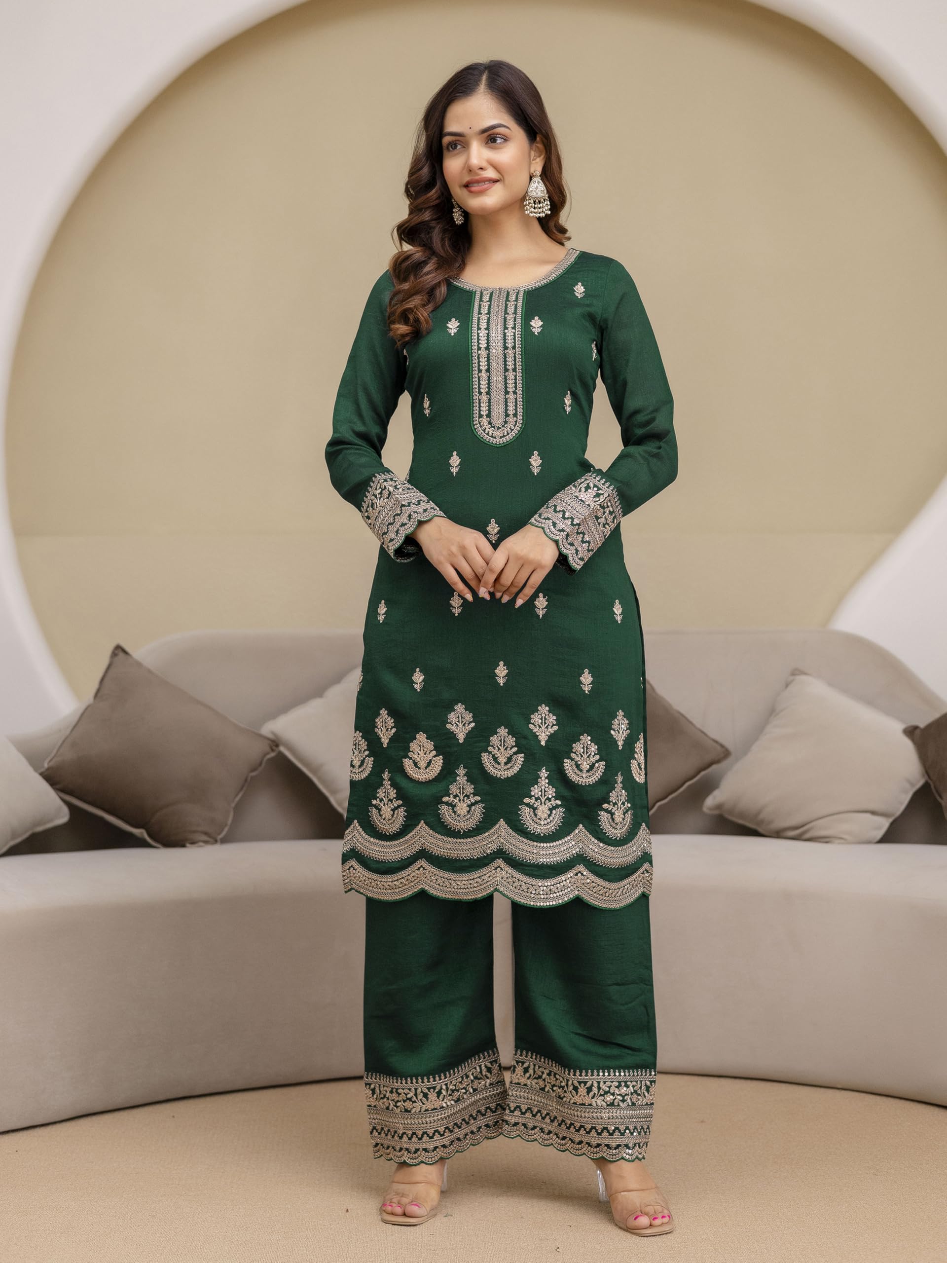 TRENDMALLS Women's Art Silk Sequins Embroidery Work Kurta Palazzo Set with Dupatta for Women - Image 7