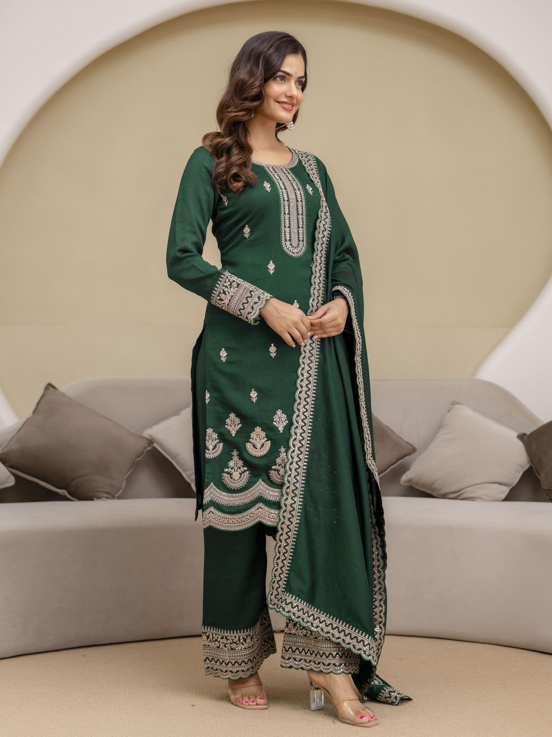 TRENDMALLS Women's Art Silk Sequins Embroidery Work Kurta Palazzo Set with Dupatta for Women - Image 8