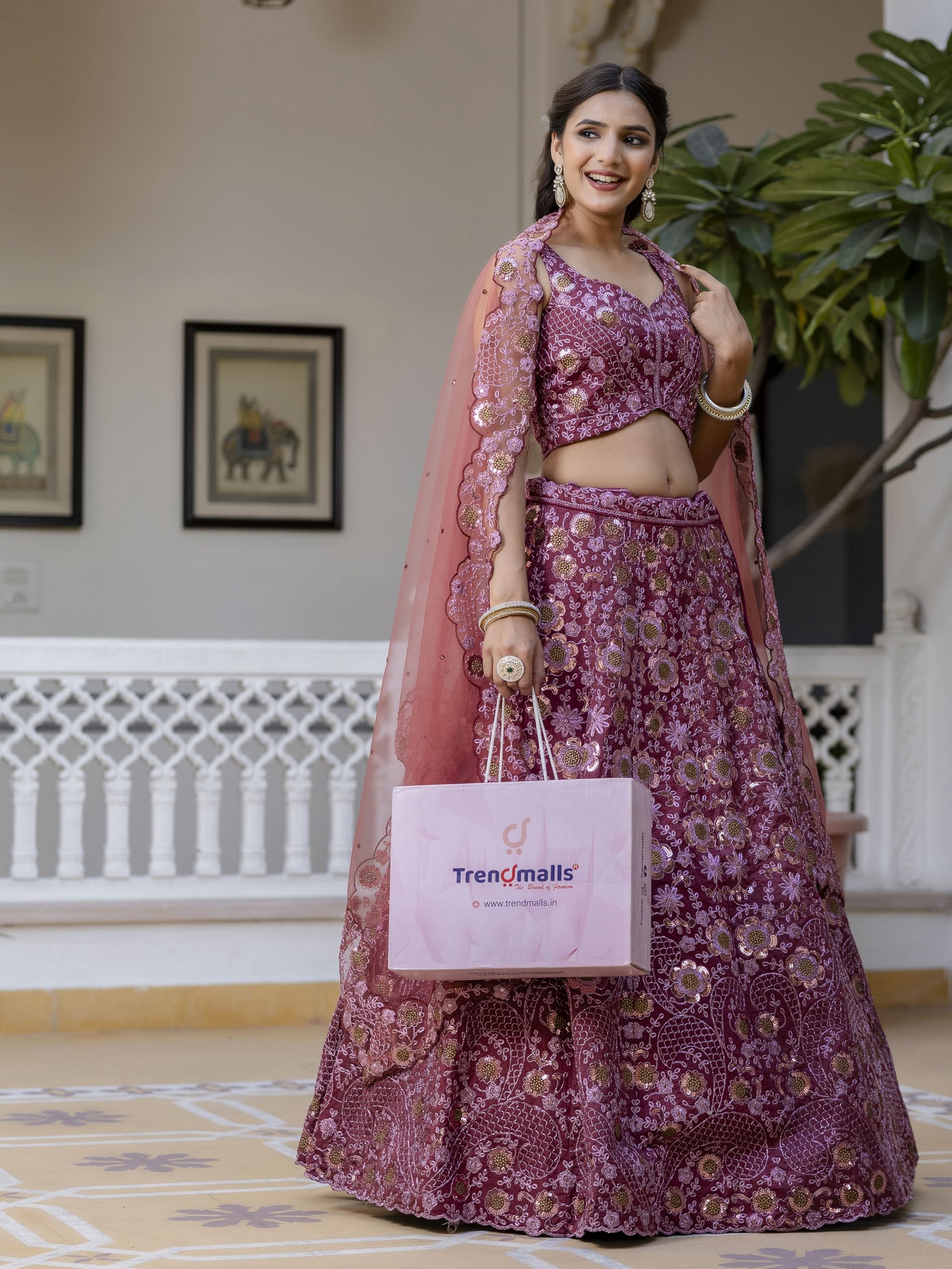 TRENDMALLS Women's Art Silk Zari Sequin Embroidery Work Bridal Lehenga Choli Dupatta Set Ready To Wear For Women - Image 3