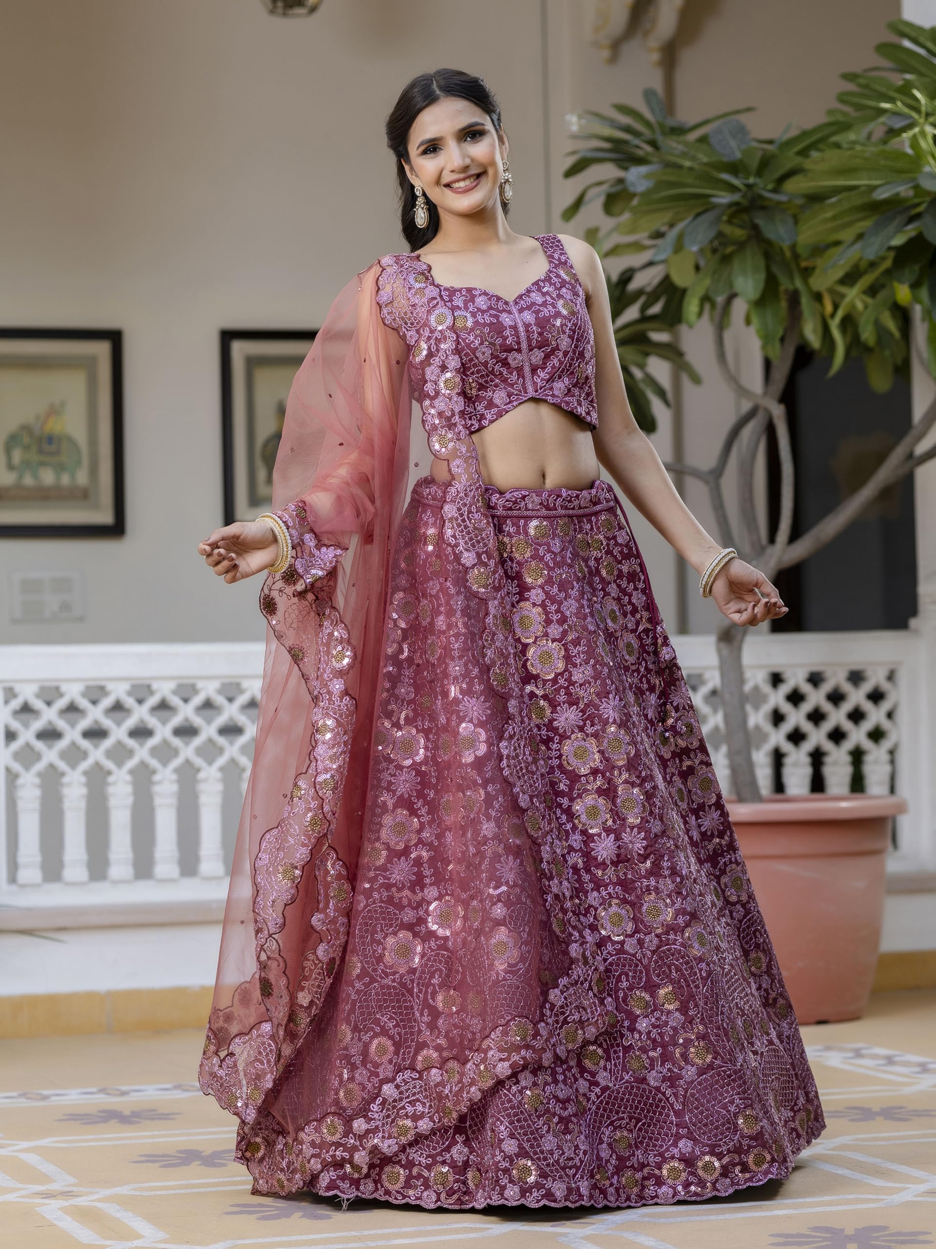 TRENDMALLS Women's Art Silk Zari Sequin Embroidery Work Bridal Lehenga Choli Dupatta Set Ready To Wear For Women - Image 4