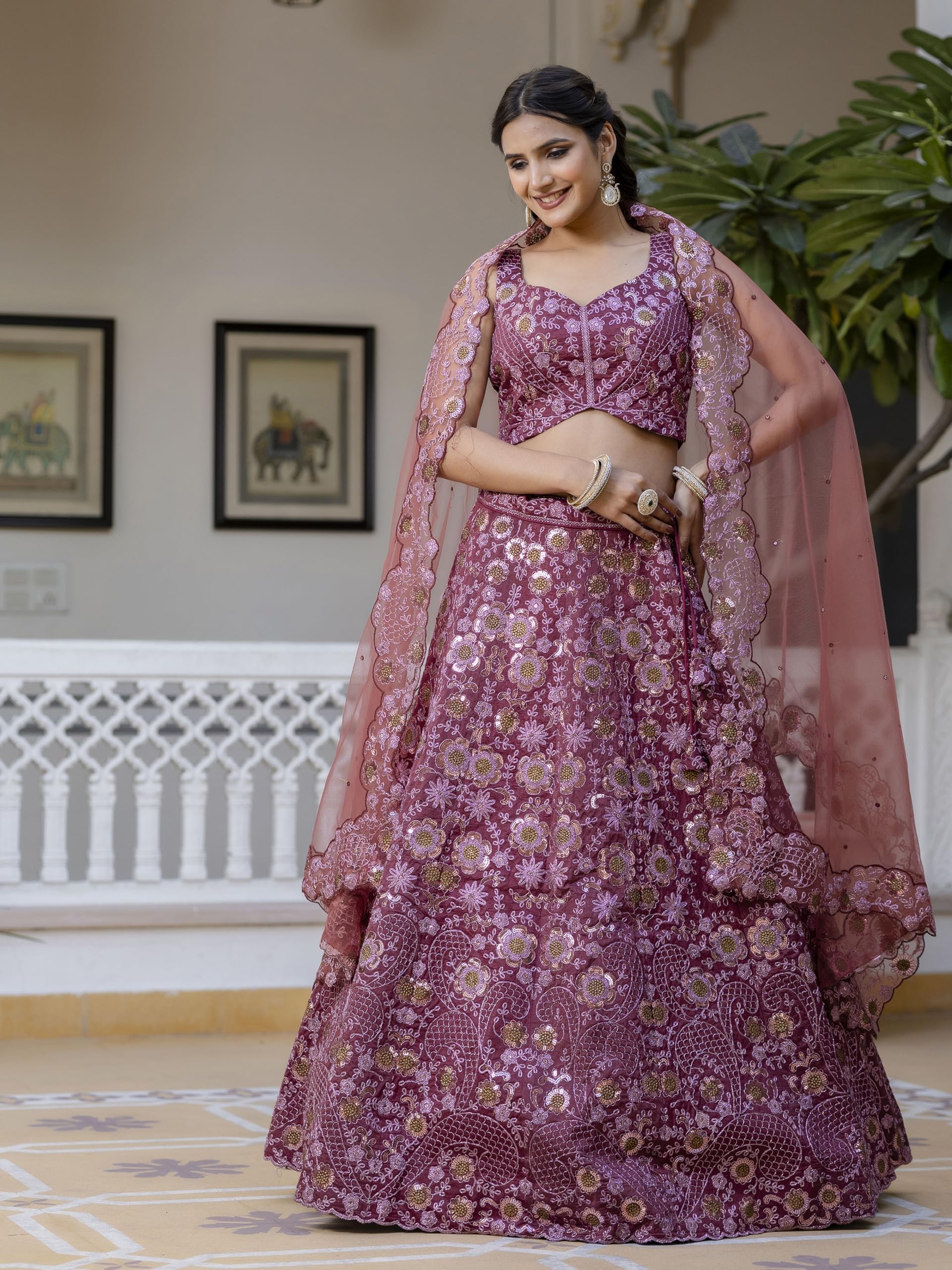 TRENDMALLS Women's Art Silk Zari Sequin Embroidery Work Bridal Lehenga Choli Dupatta Set Ready To Wear For Women - Image 7