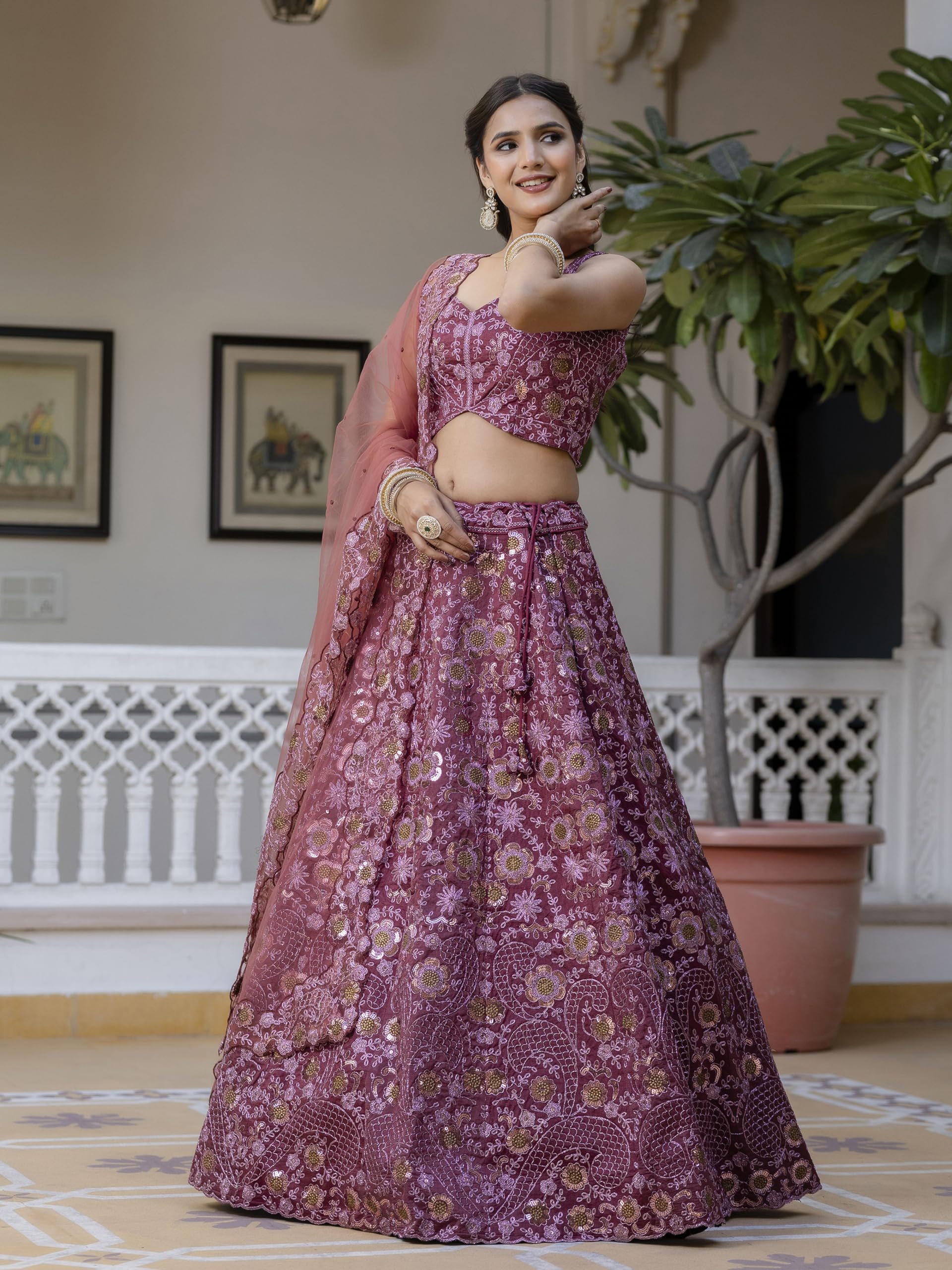 TRENDMALLS Women's Art Silk Zari Sequin Embroidery Work Bridal Lehenga Choli Dupatta Set Ready To Wear For Women - Image 9