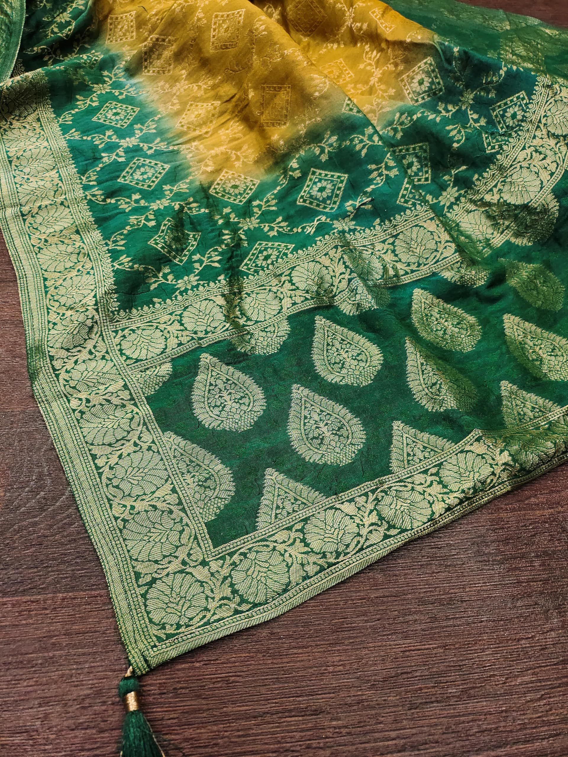 TRENDMALLS Women's Banarasi Silk Ethnic Motiff Design Dupatta (D07-GreenYellow) - Image 3