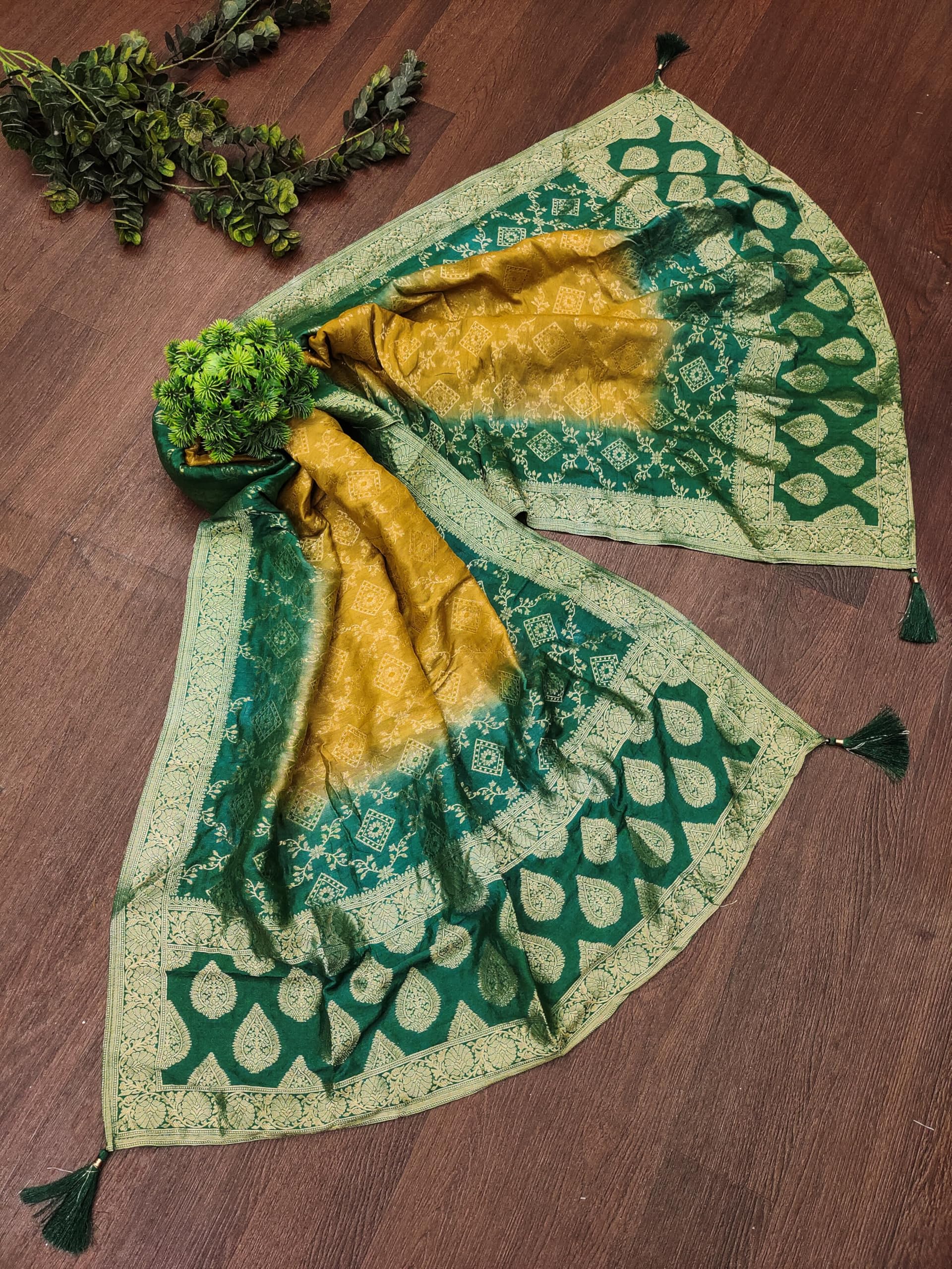 TRENDMALLS Women's Banarasi Silk Ethnic Motiff Design Dupatta (D07-GreenYellow) - Image 5