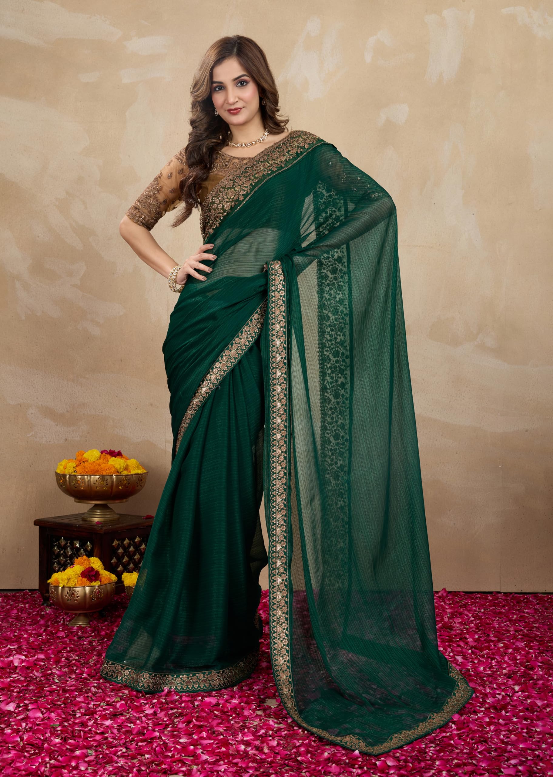 TRENDMALLS Women's Chiffon Satin Sequence work Saree with Unstitch Blouse Piece - Image 3
