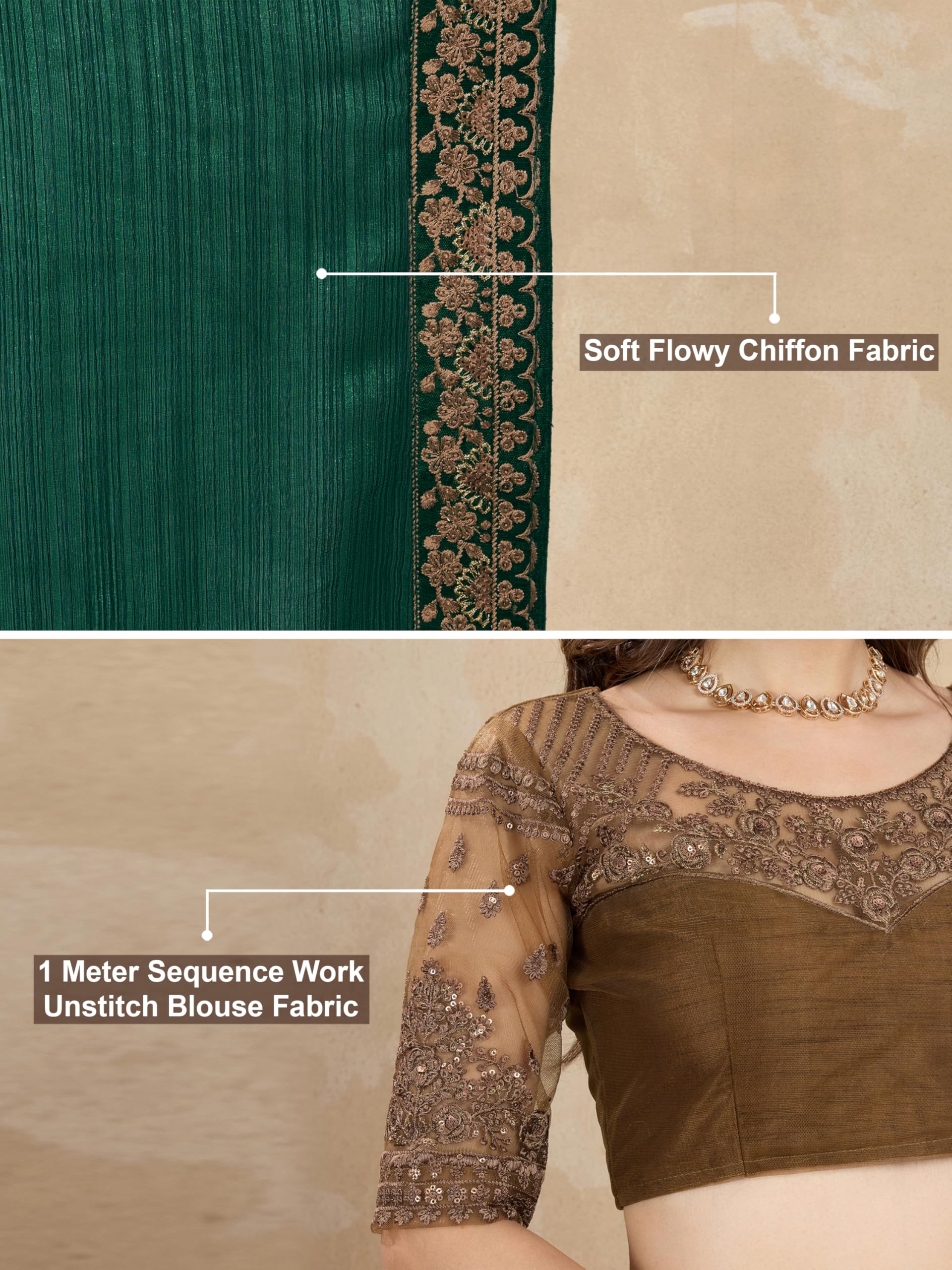 TRENDMALLS Women's Chiffon Satin Sequence work Saree with Unstitch Blouse Piece - Image 5