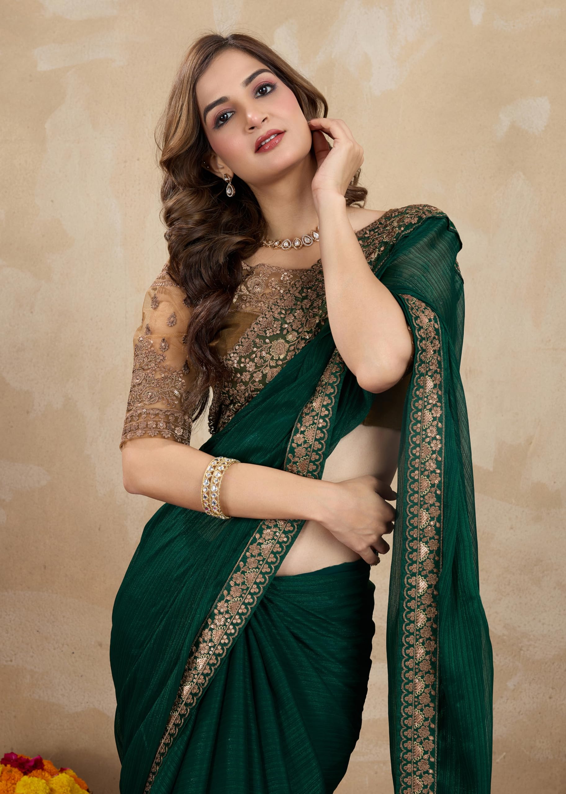 TRENDMALLS Women's Chiffon Satin Sequence work Saree with Unstitch Blouse Piece - Image 6