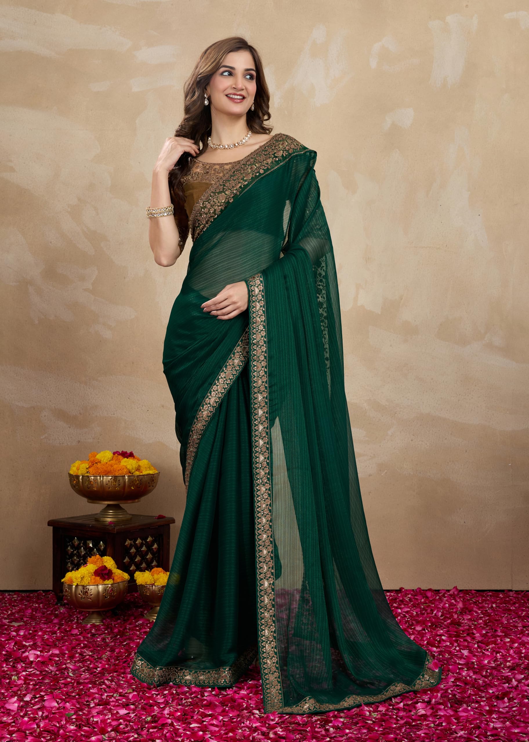 TRENDMALLS Women's Chiffon Satin Sequence work Saree with Unstitch Blouse Piece - Image 9