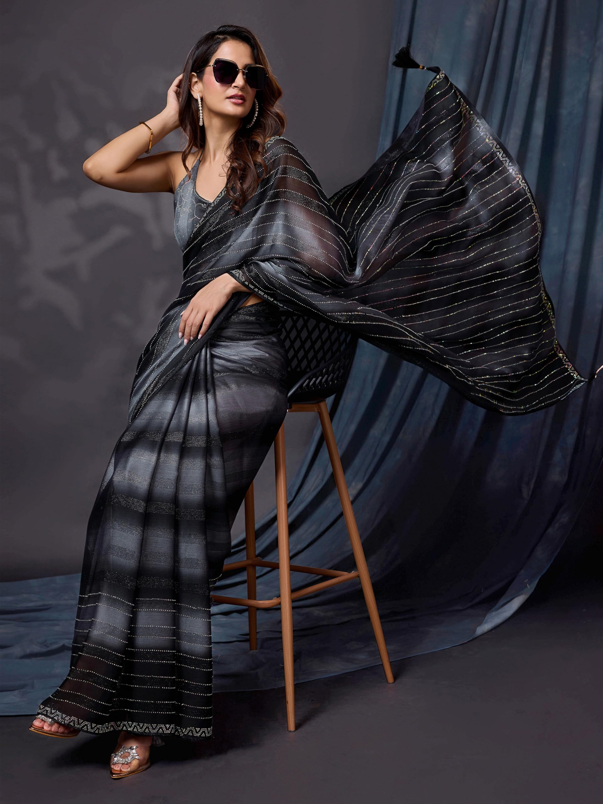 TRENDMALLS Women's Chiffon Siroski work Saree with Unstitch Blouse Piece - Image 3