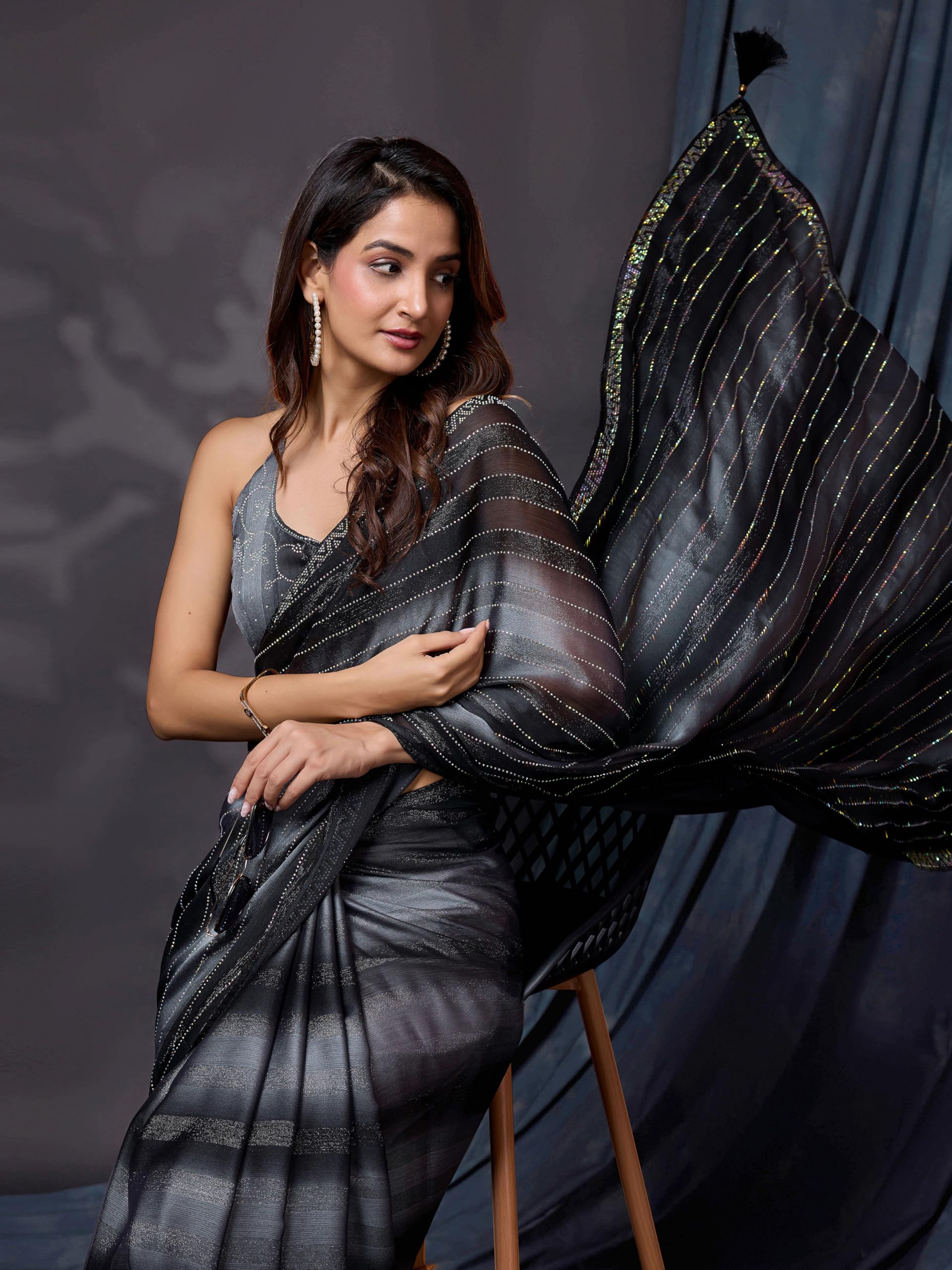 TRENDMALLS Women's Chiffon Siroski work Saree with Unstitch Blouse Piece - Image 7