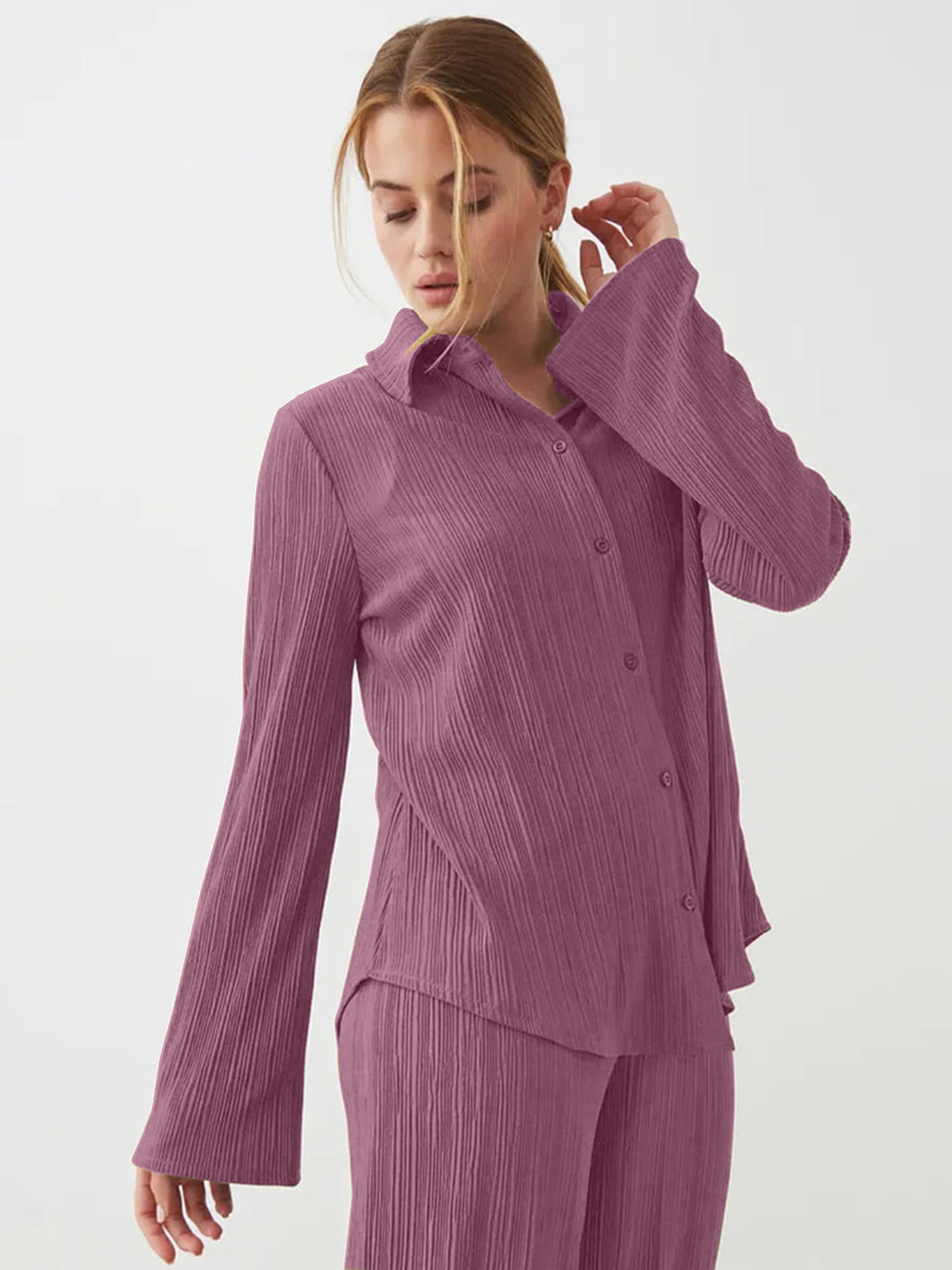 TRENDMALLS Women's Cotton Blend Long Sleeves Shirt with Trouser Co Ords Set for Women - Image 3