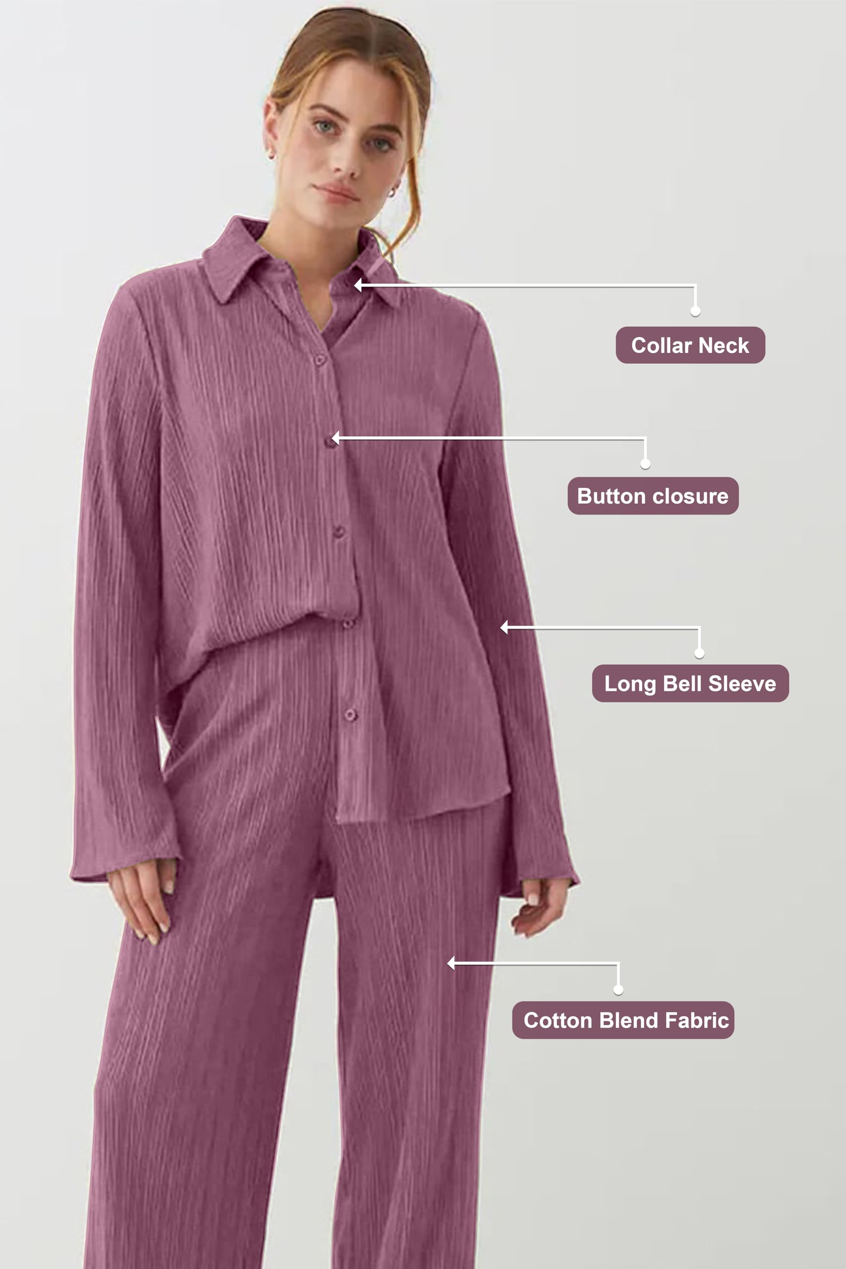 TRENDMALLS Women's Cotton Blend Long Sleeves Shirt with Trouser Co Ords Set for Women - Image 4