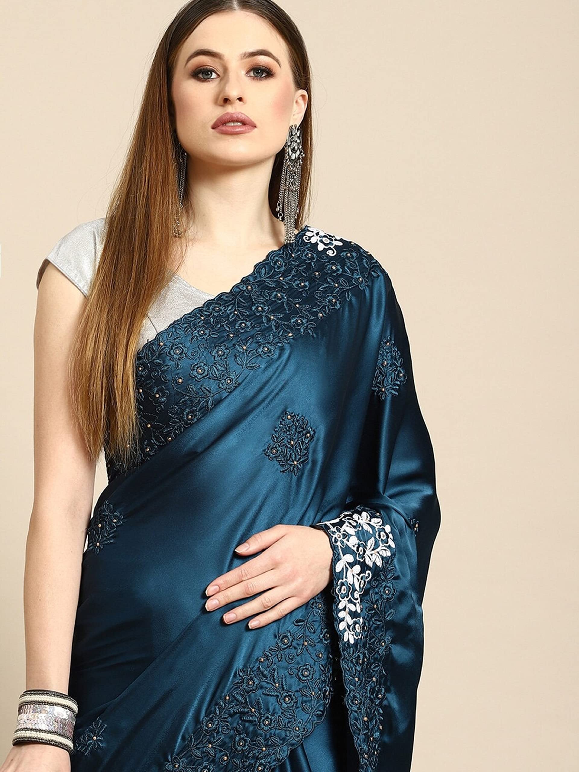 TRENDMALLS Women's Crepe Silk Embroidery Work Saree with Unstitch Blouse Piece - Image 4
