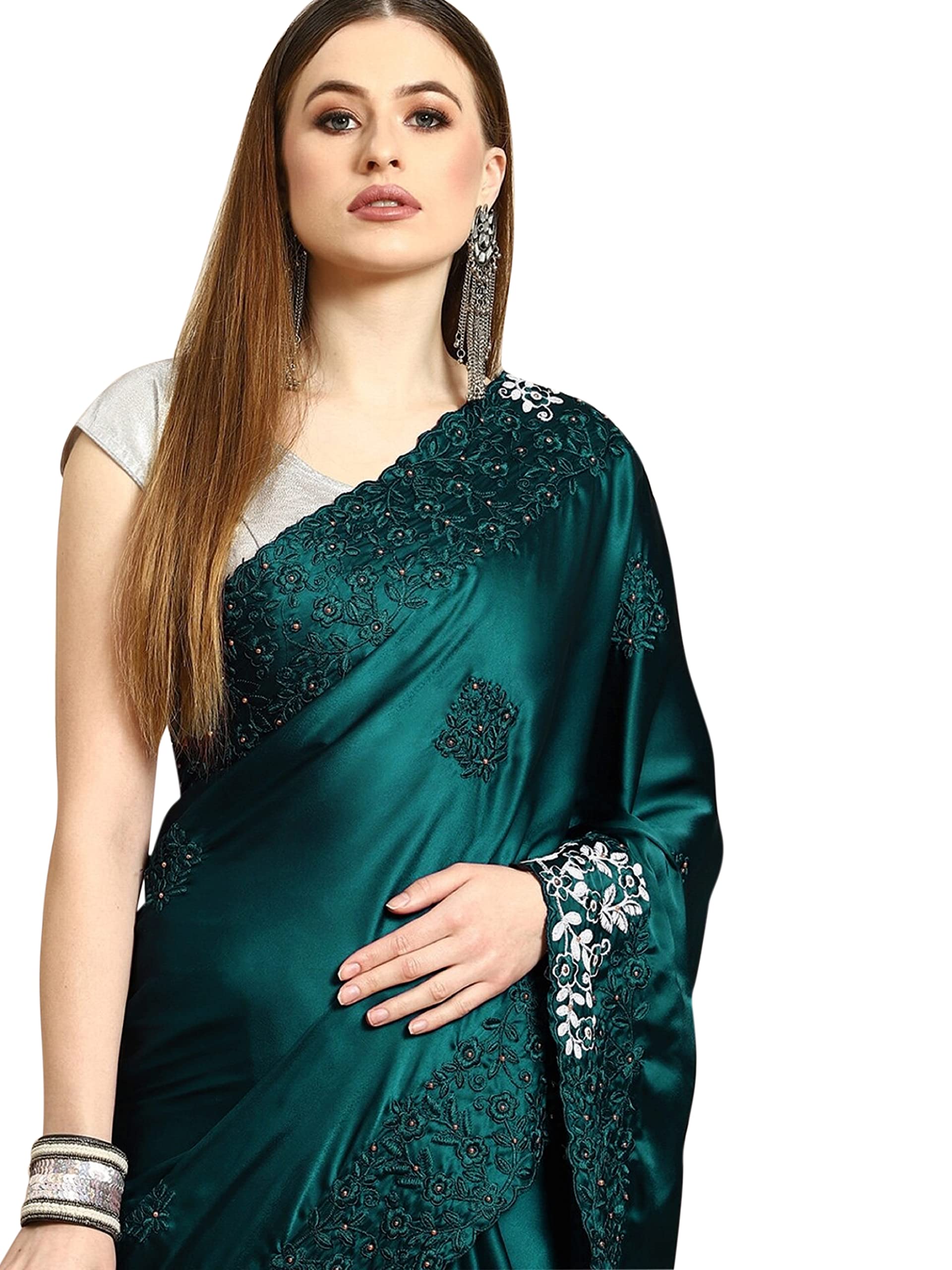 TRENDMALLS Women's Crepe Silk Embroidery Work Saree with Unstitch Blouse Piece - Image 4