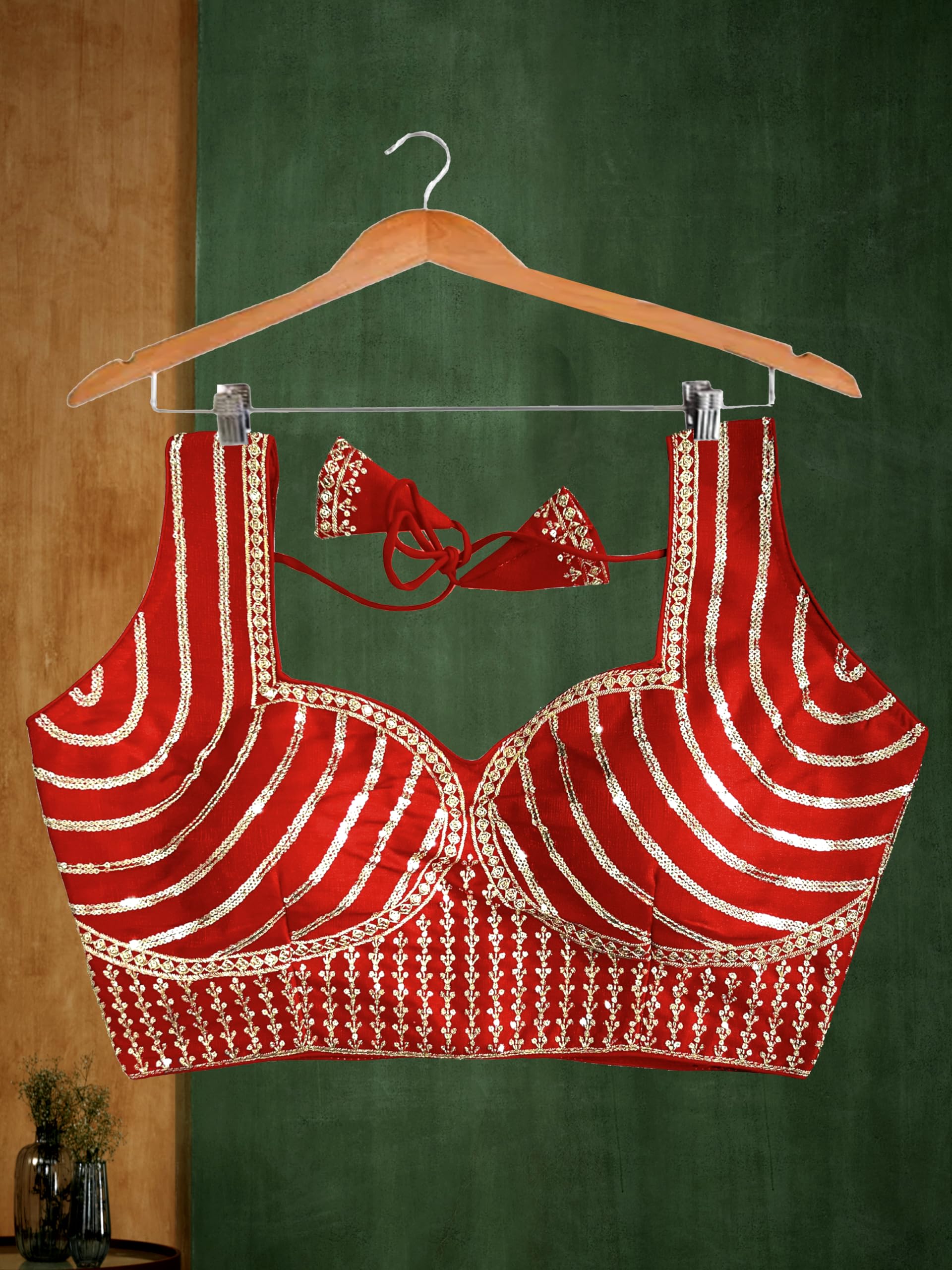 TRENDMALLS Women's Dhupion Silk Embroidery Sequence Work Sleeveless Blouse Choli Stylish Blouse Ready to Wear Free Size - Image 3