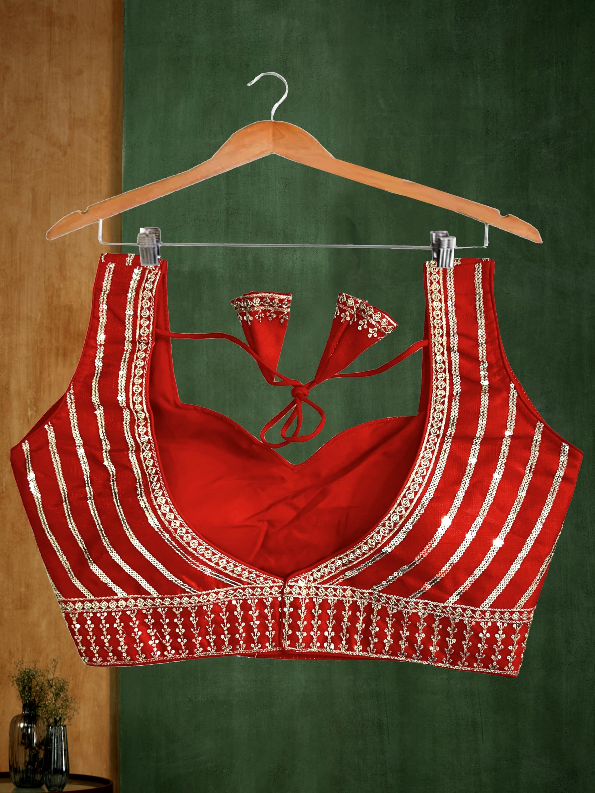 TRENDMALLS Women's Dhupion Silk Embroidery Sequence Work Sleeveless Blouse Choli Stylish Blouse Ready to Wear Free Size - Image 4