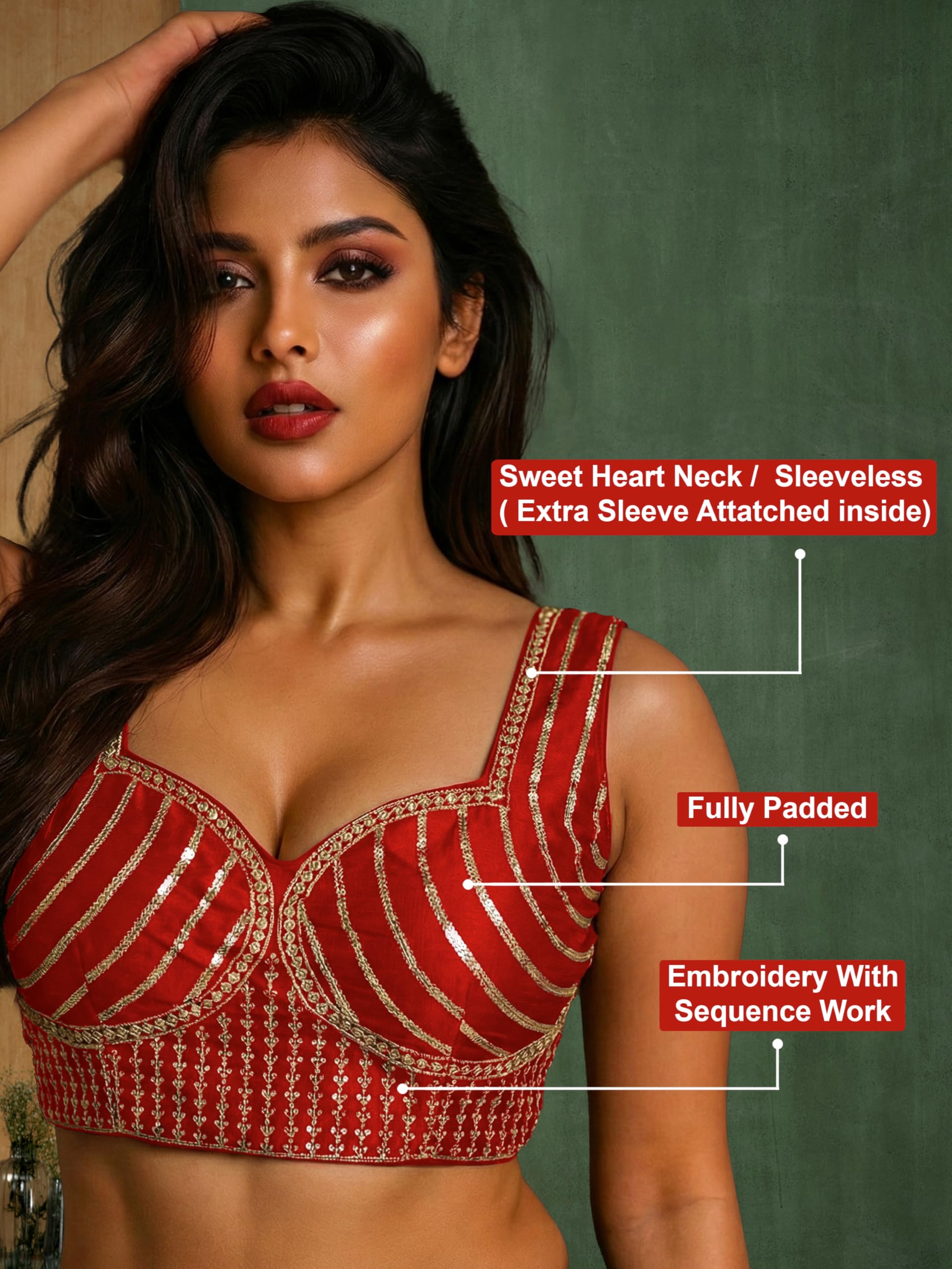 TRENDMALLS Women's Dhupion Silk Embroidery Sequence Work Sleeveless Blouse Choli Stylish Blouse Ready to Wear Free Size - Image 5