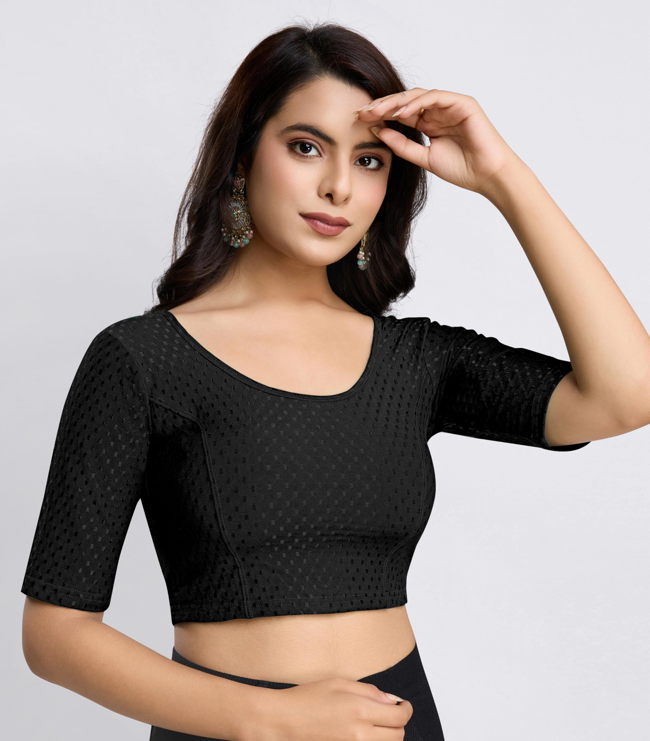 TRENDMALLS Women's Dobby Pure Cotton Elastin Stretchable Readymade Blouse (B01-Black-M-) - Image 5