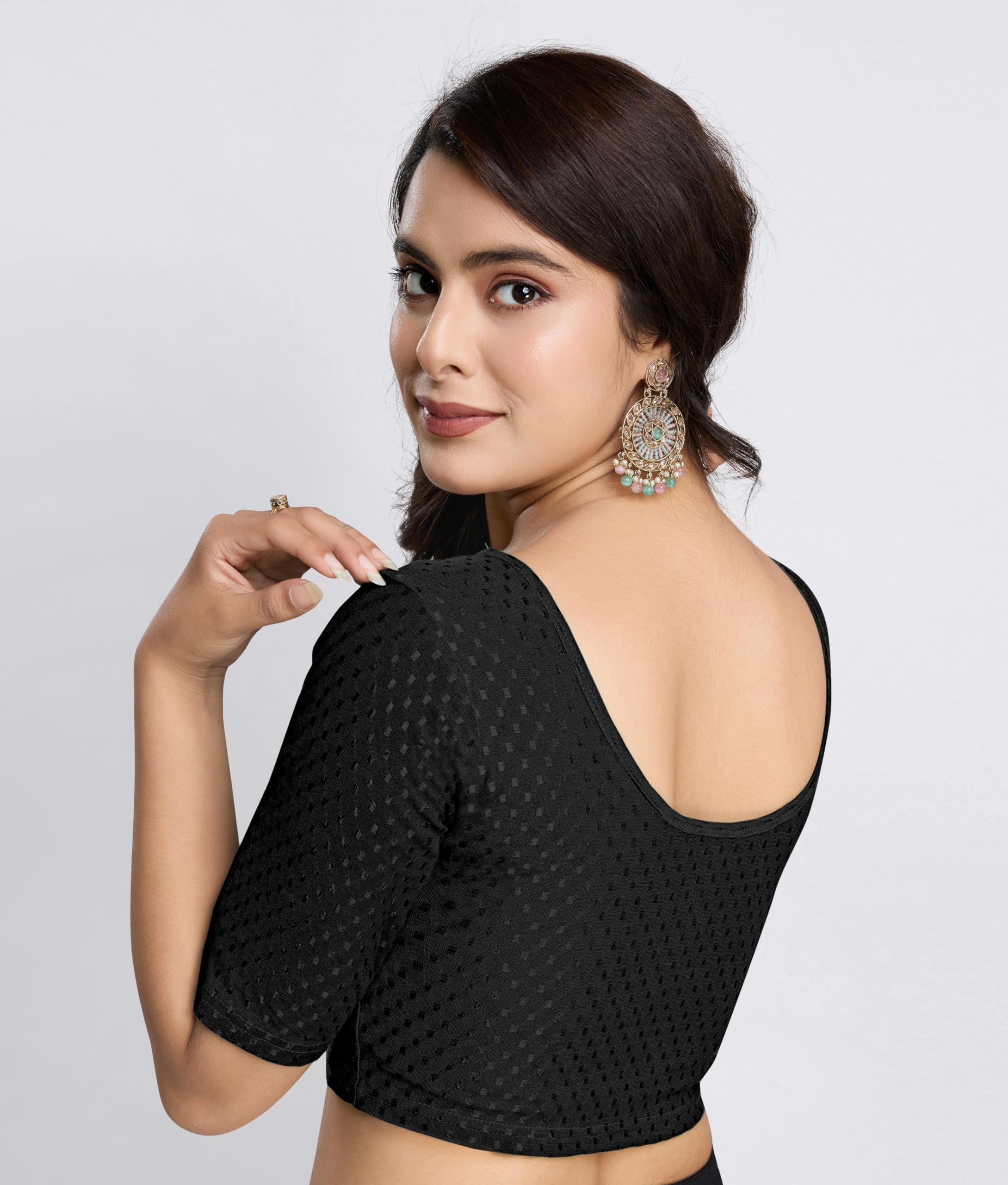 TRENDMALLS Women's Dobby Pure Cotton Elastin Stretchable Readymade Blouse (B01-Black-M-) - Image 6