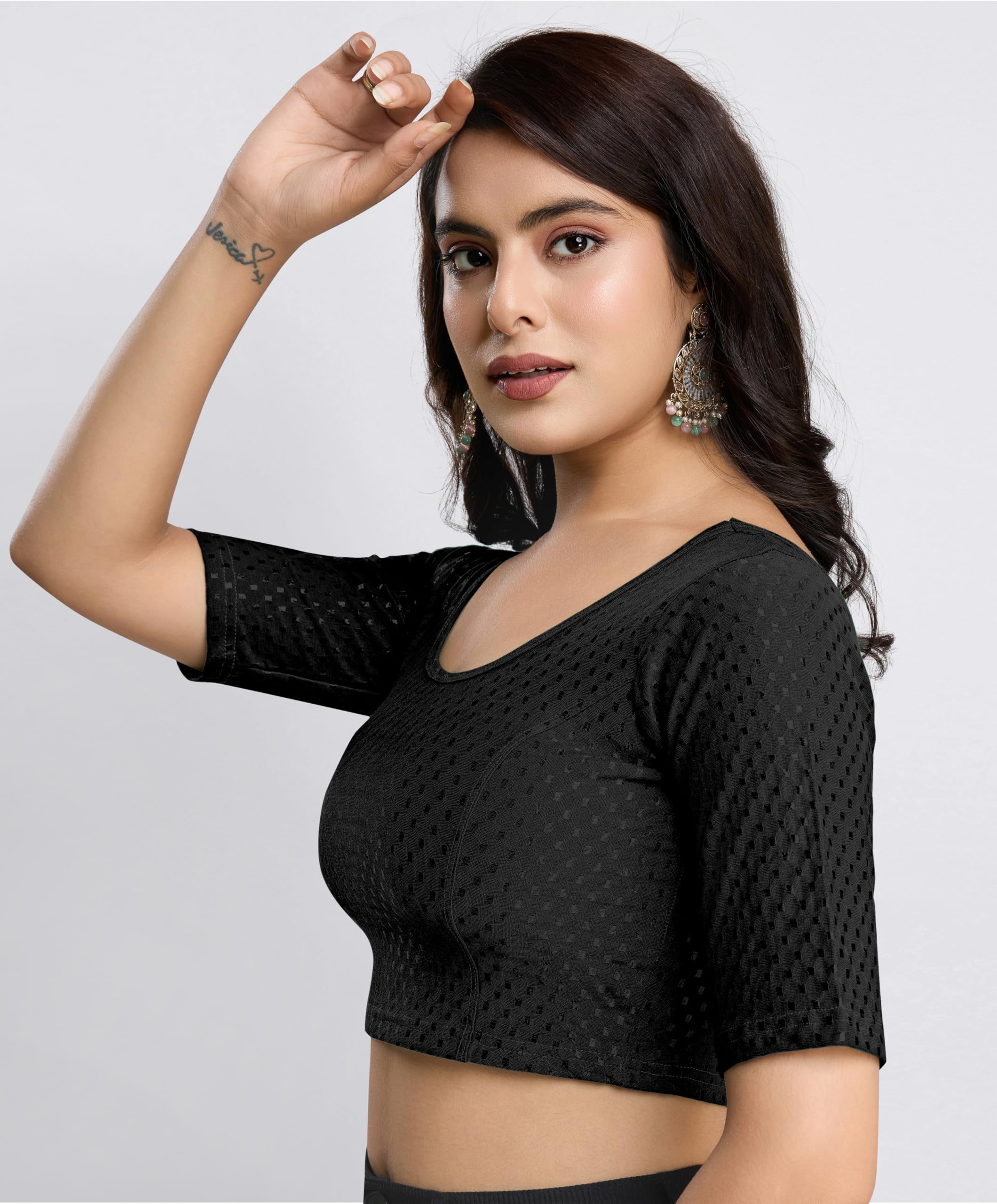 TRENDMALLS Women's Dobby Pure Cotton Elastin Stretchable Readymade Blouse (B01-Black-M-) - Image 7