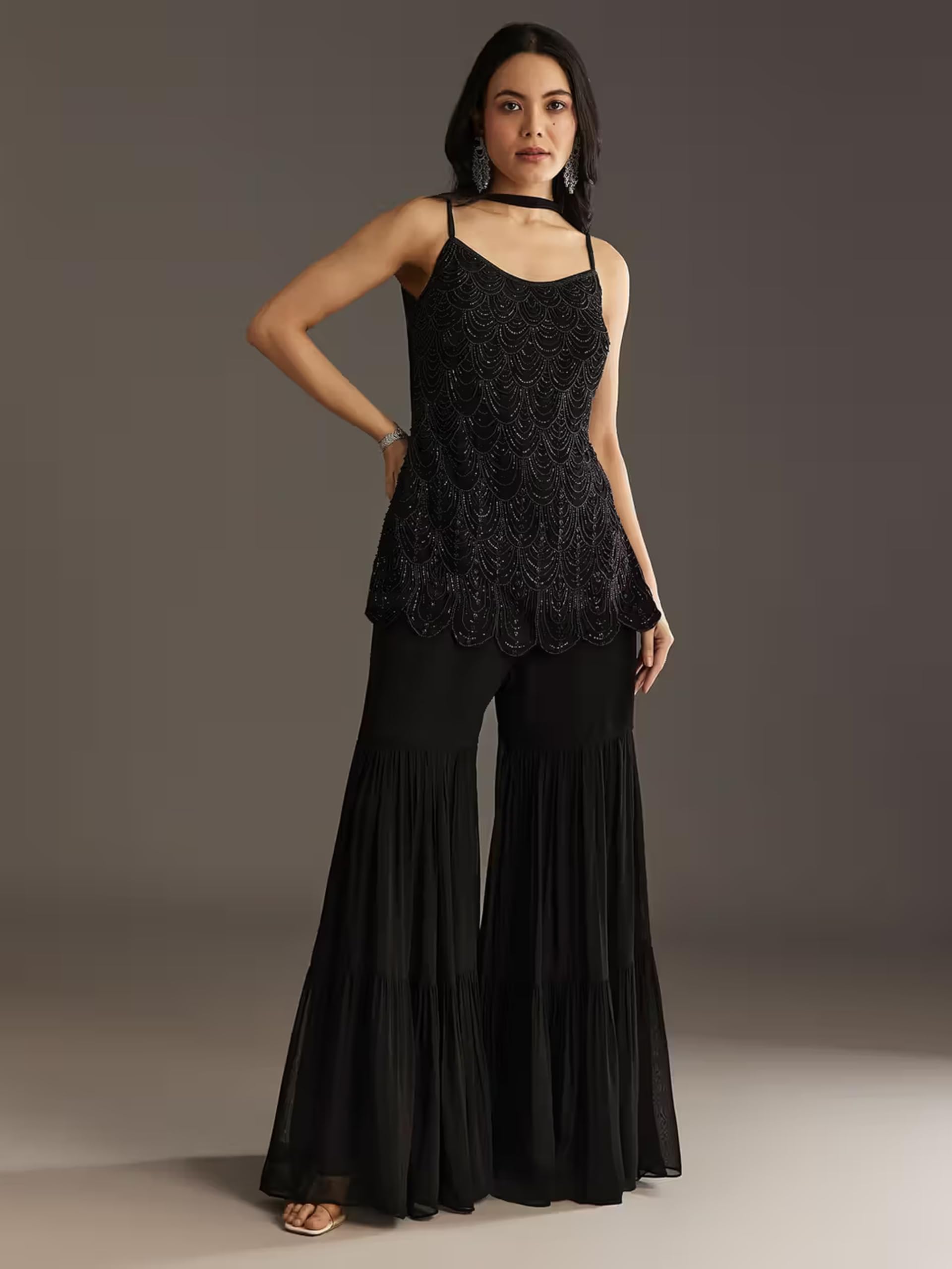 TRENDMALLS Women’s Georgette Beads Embroidery Sequence Work Kurta Sharara Dupatta Salwar Suit Set For Women - Image 3