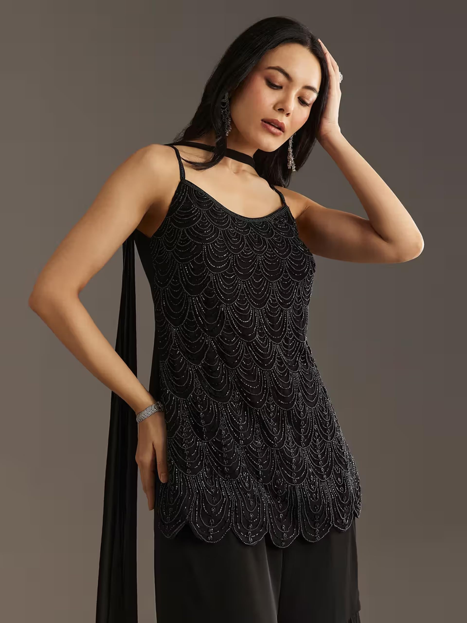 TRENDMALLS Women’s Georgette Beads Embroidery Sequence Work Kurta Sharara Dupatta Salwar Suit Set For Women - Image 4