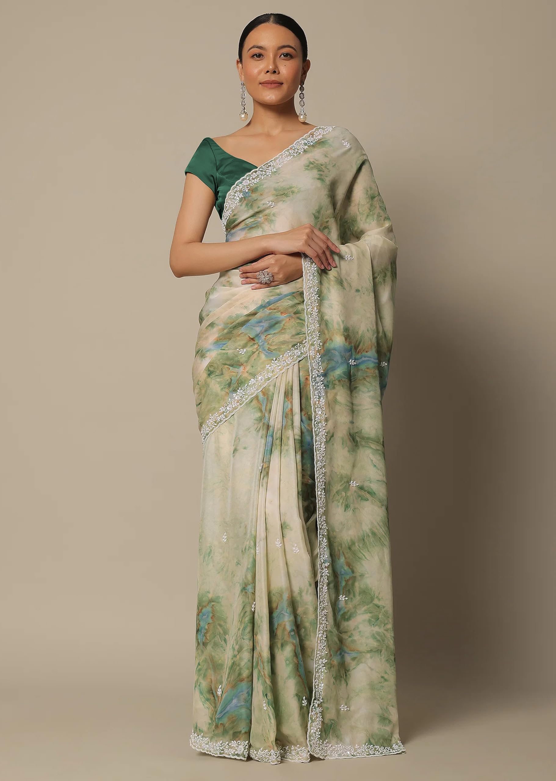 TRENDMALLS Women's Georgette Digital Printed Embroidery Saree with Unstitched Blouse Piece (K1137-Green-) - Image 9