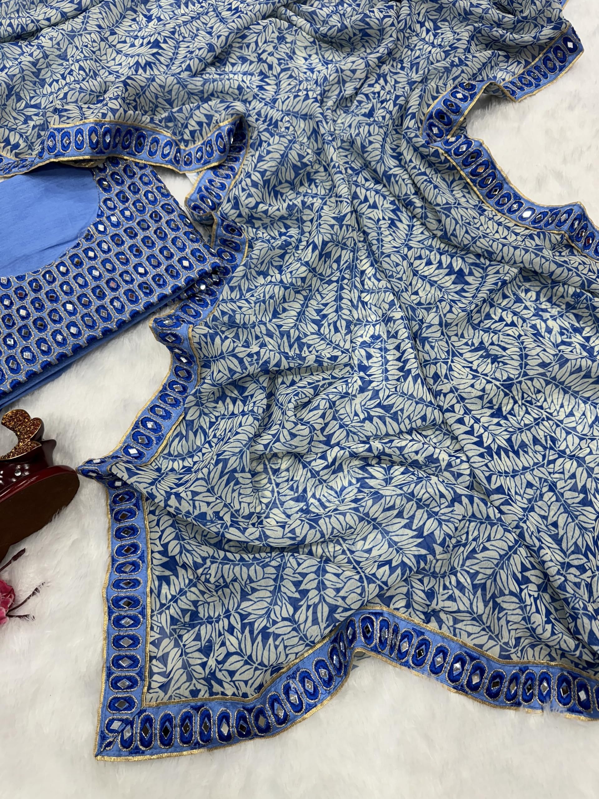 TRENDMALLS Women's Georgette Digital Printed Mirror Work Embroidery Border Saree with Unstitched Blouse Piece (K1153-SkyBlueOffWhite) - Image 6