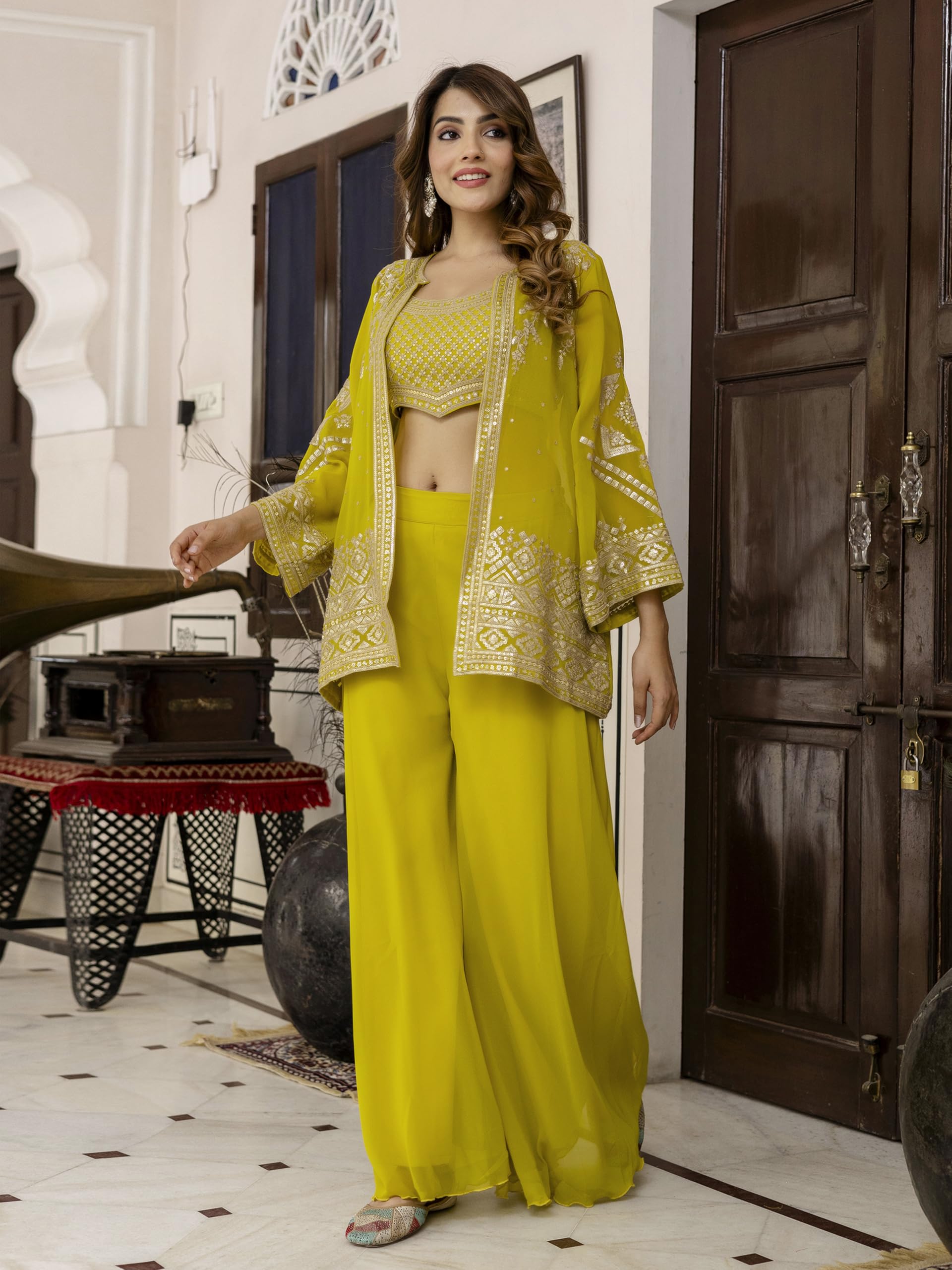 TRENDMALLS Women's Georgette Embroidery Crop Top with Flared Pleated Palazzo and Shrug Set - Image 3