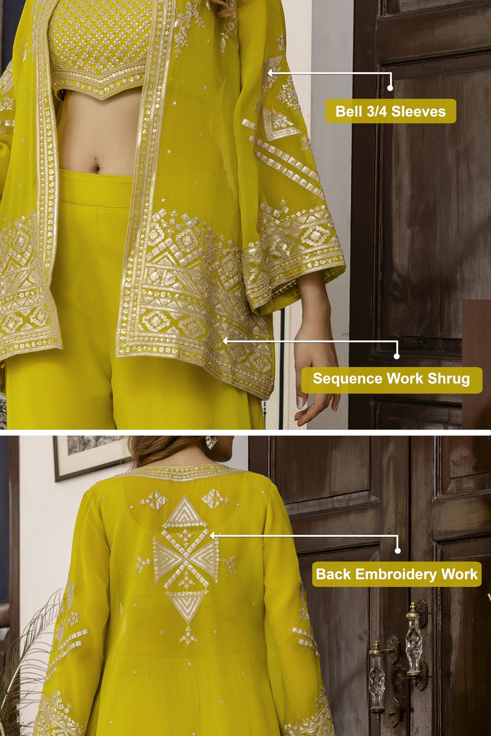 TRENDMALLS Women's Georgette Embroidery Crop Top with Flared Pleated Palazzo and Shrug Set - Image 4